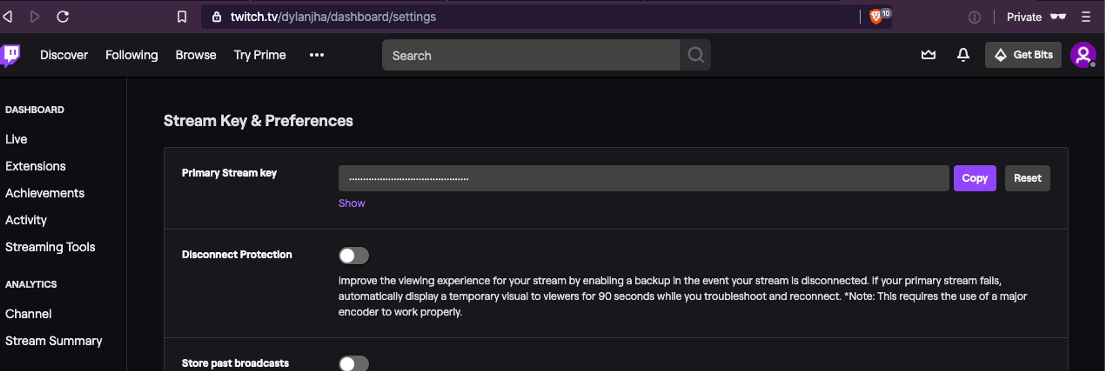 An image that shows Stream Key & Preferences for Twitch