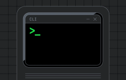 Illustration of a command-line interface window with a dark theme. The window has a title bar labeled "CLI" with minimize and close buttons, and displays a green terminal prompt cursor on a black background. The window sits on a dark grid background with faint horizontal lines below it.