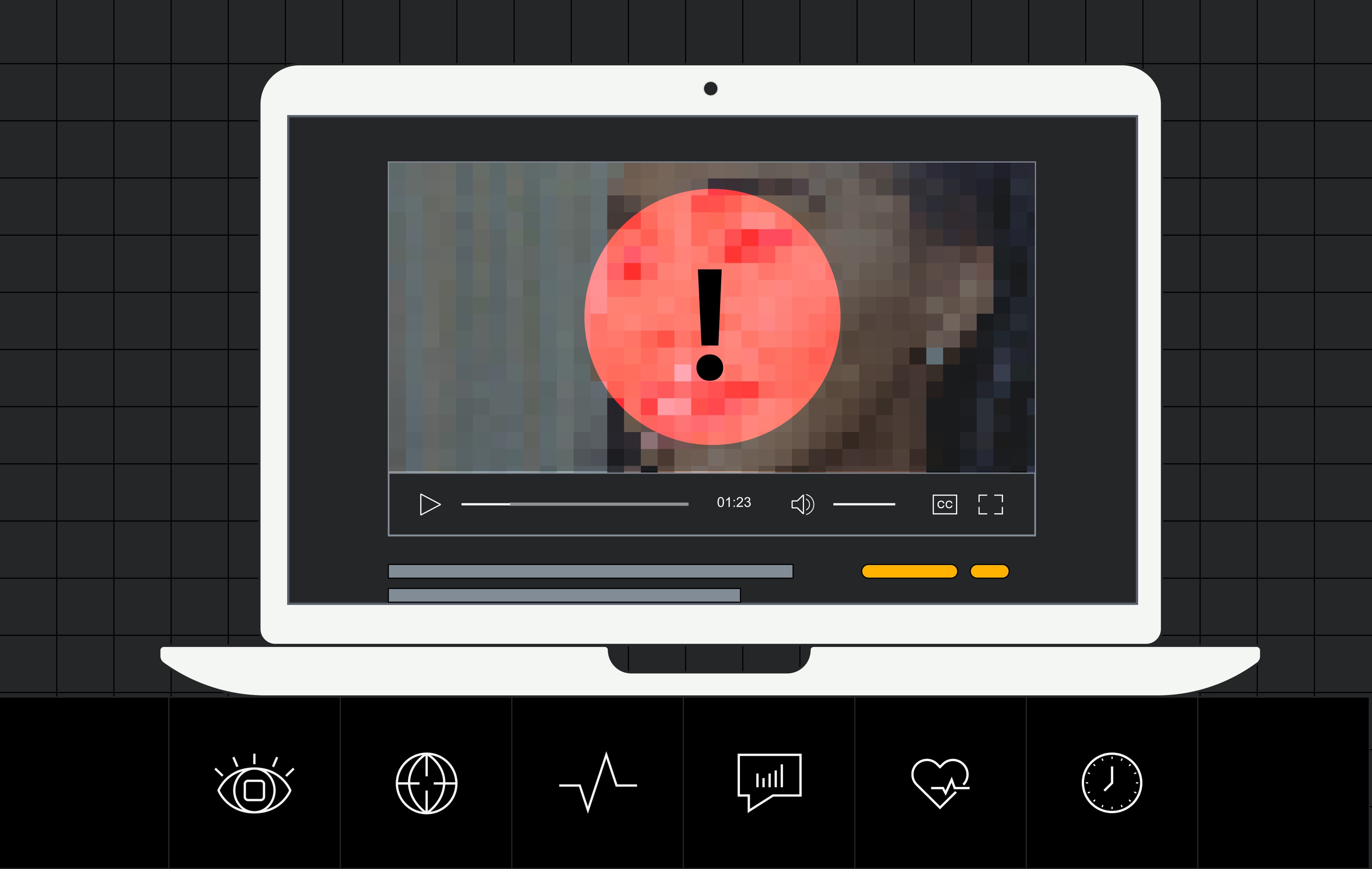 A laptop showing a video player with a degraded video playing. A red error icon is overlaid on top of the video.