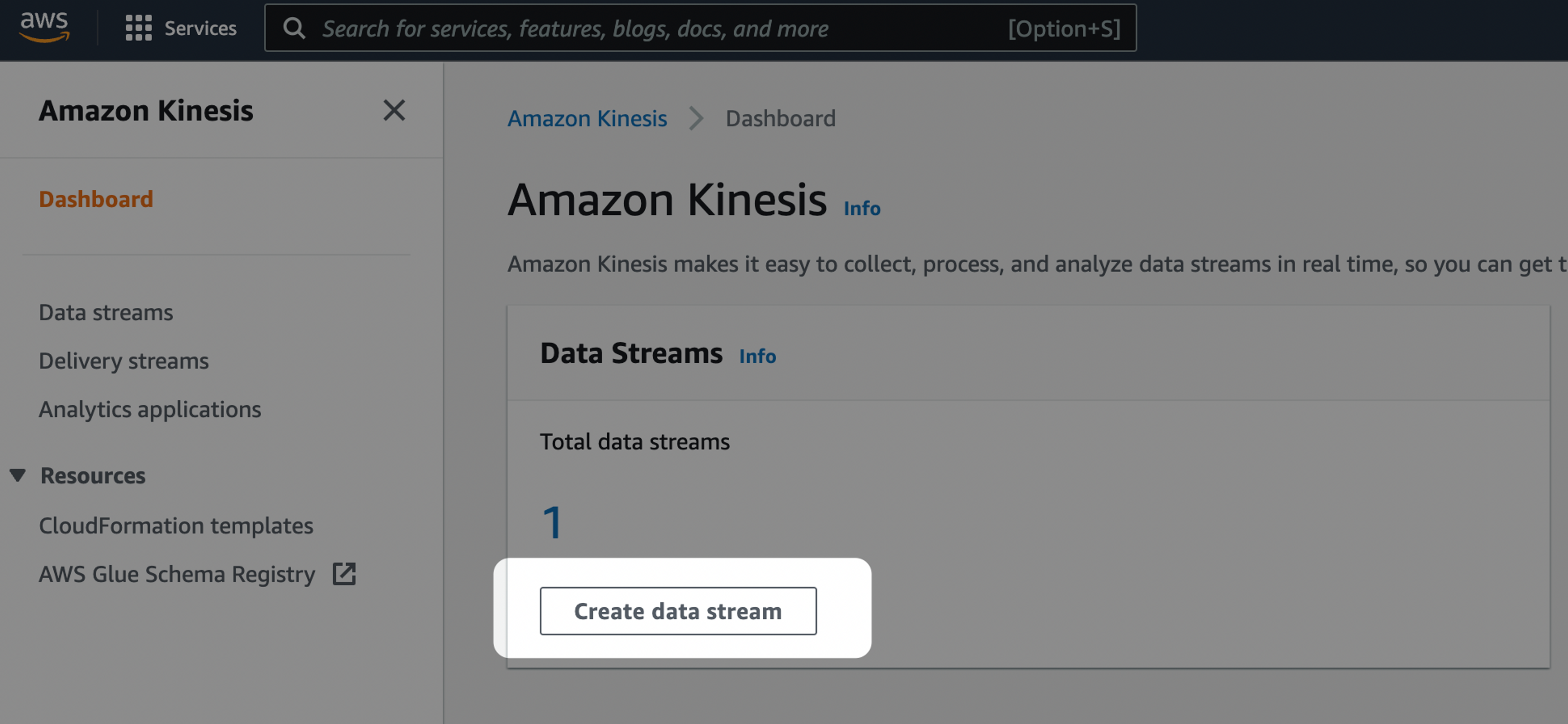 A screenshot of the Amazon Kinesis dashboard with the "Create data stream" button highlighted