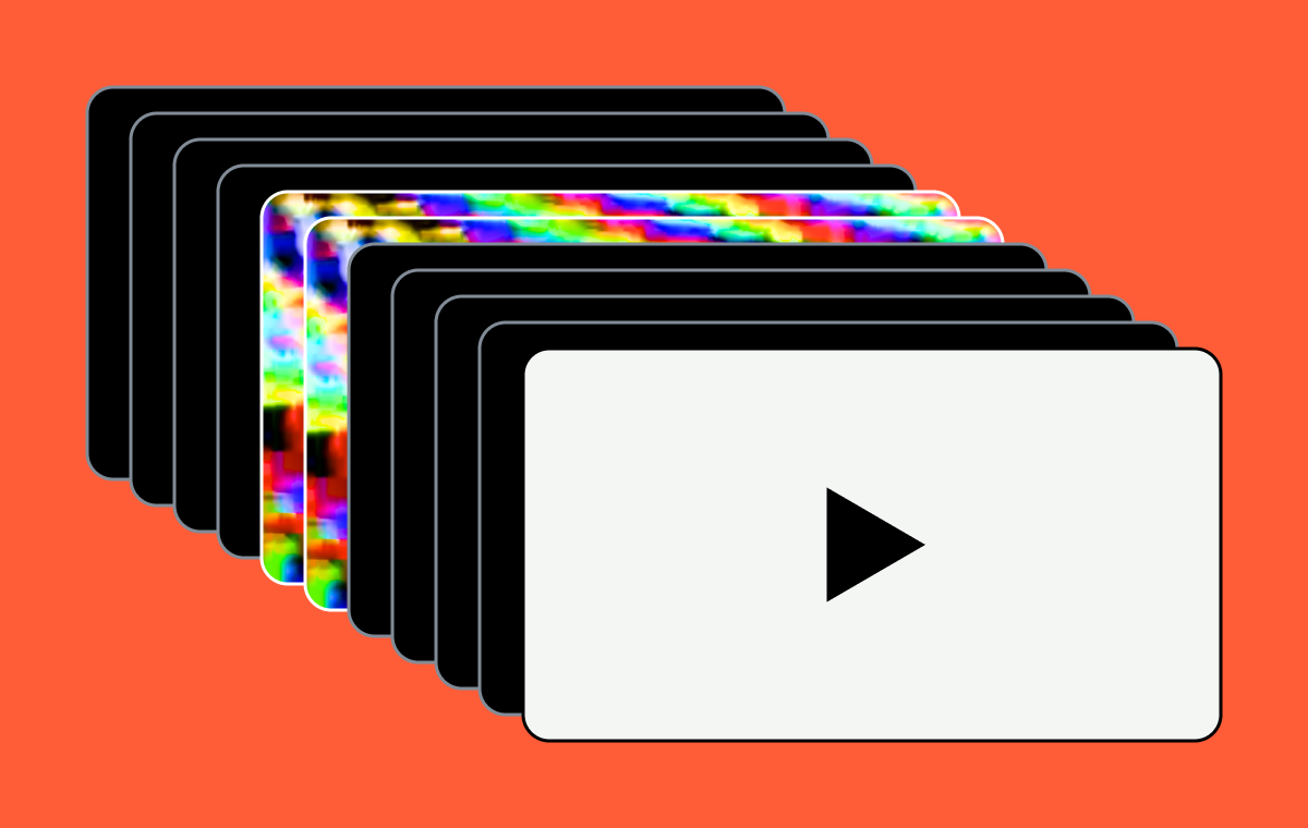 A stack of video frames. A few frames in the middle of the stack appear to be glitched, as though corrupted.