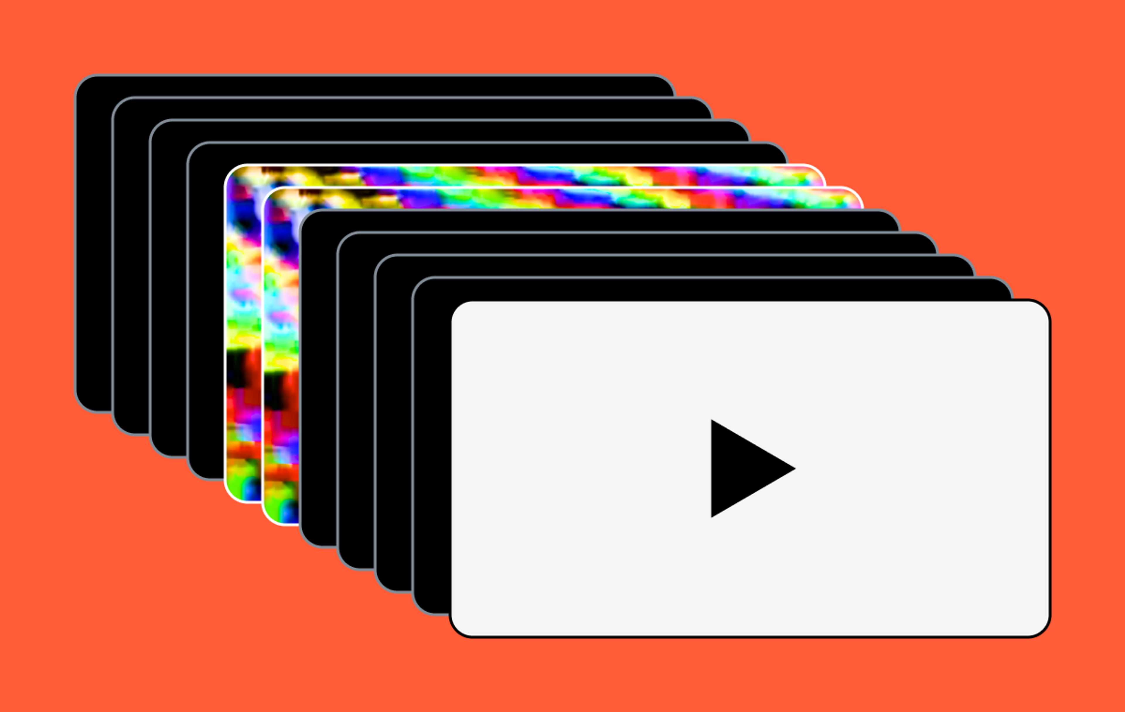 A stack of video frames. A few frames in the middle of the stack appear to be glitched, as though corrupted.