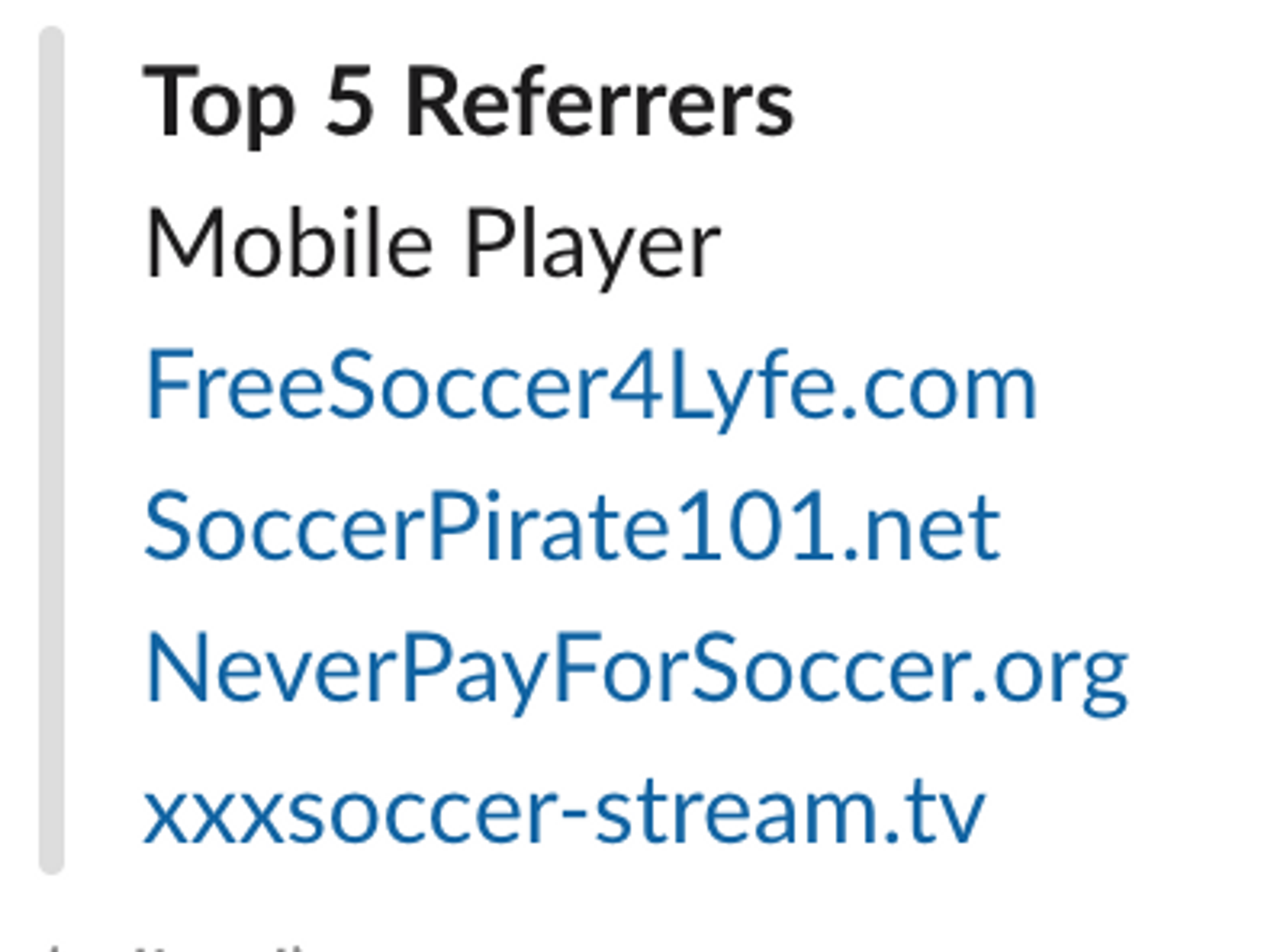 Slack notification for Top 5 Referrers "Mobile Player", FreeSoccer4lyfe.com SoccerPiarate101.net, NeverPayForSoccer.org, xxxsoccer-stream-.tv