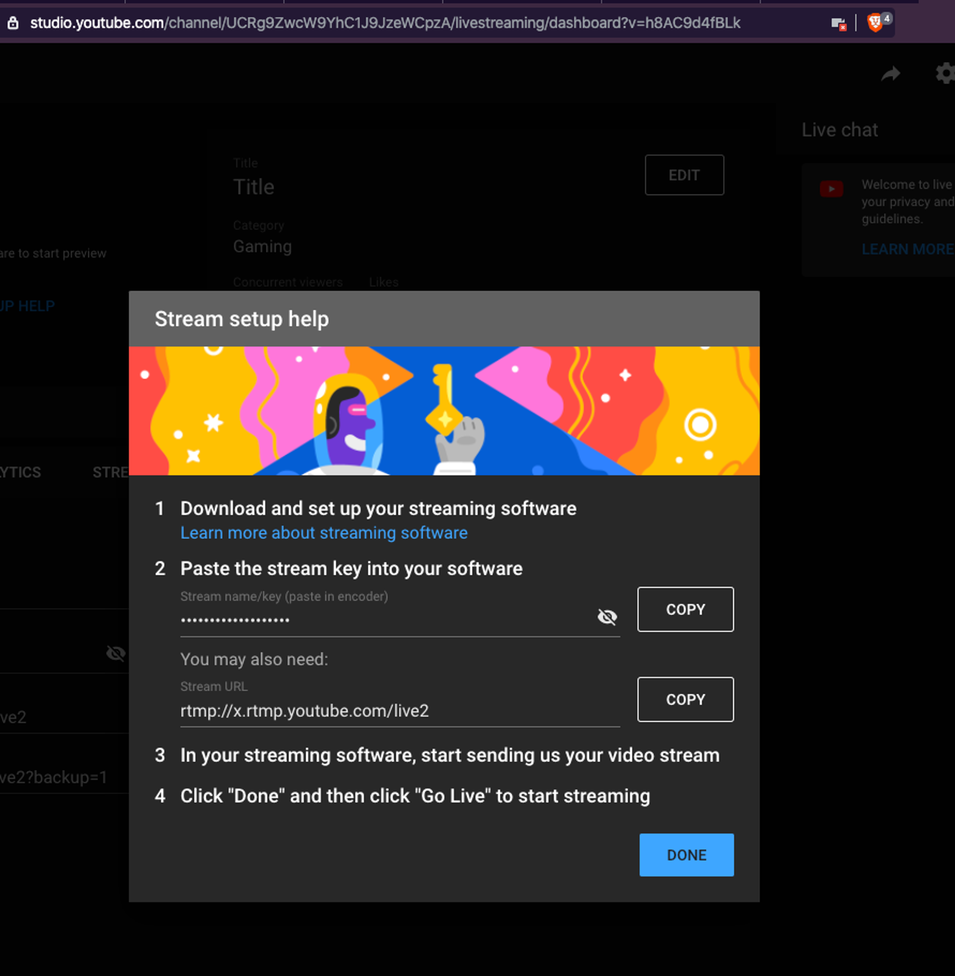 An image that shows Stream setup for YouTube Studio