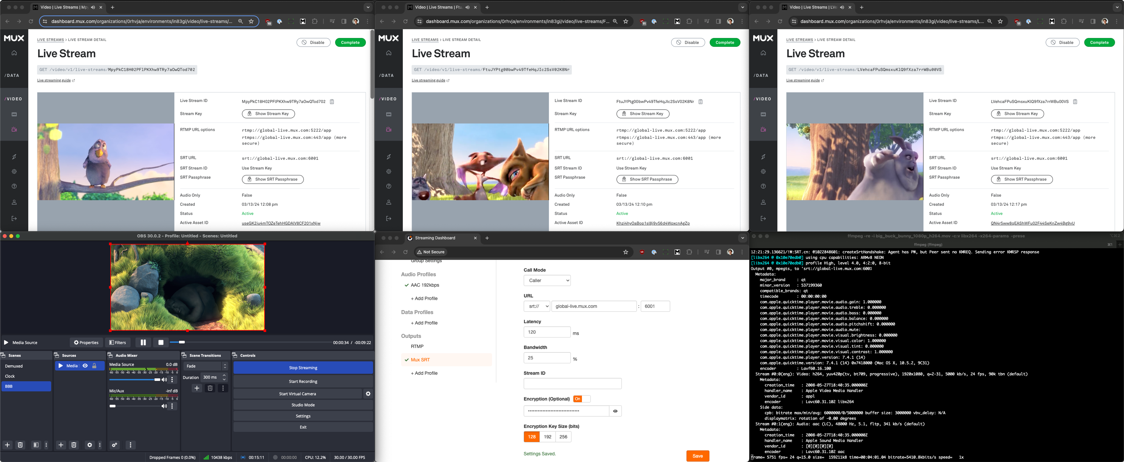 Three images of the Mux dashboard with three different streams of Big Buck Bunny. Below each one is a different encoder with SRT configured. No-one should have to watch BBB three times concurrently.