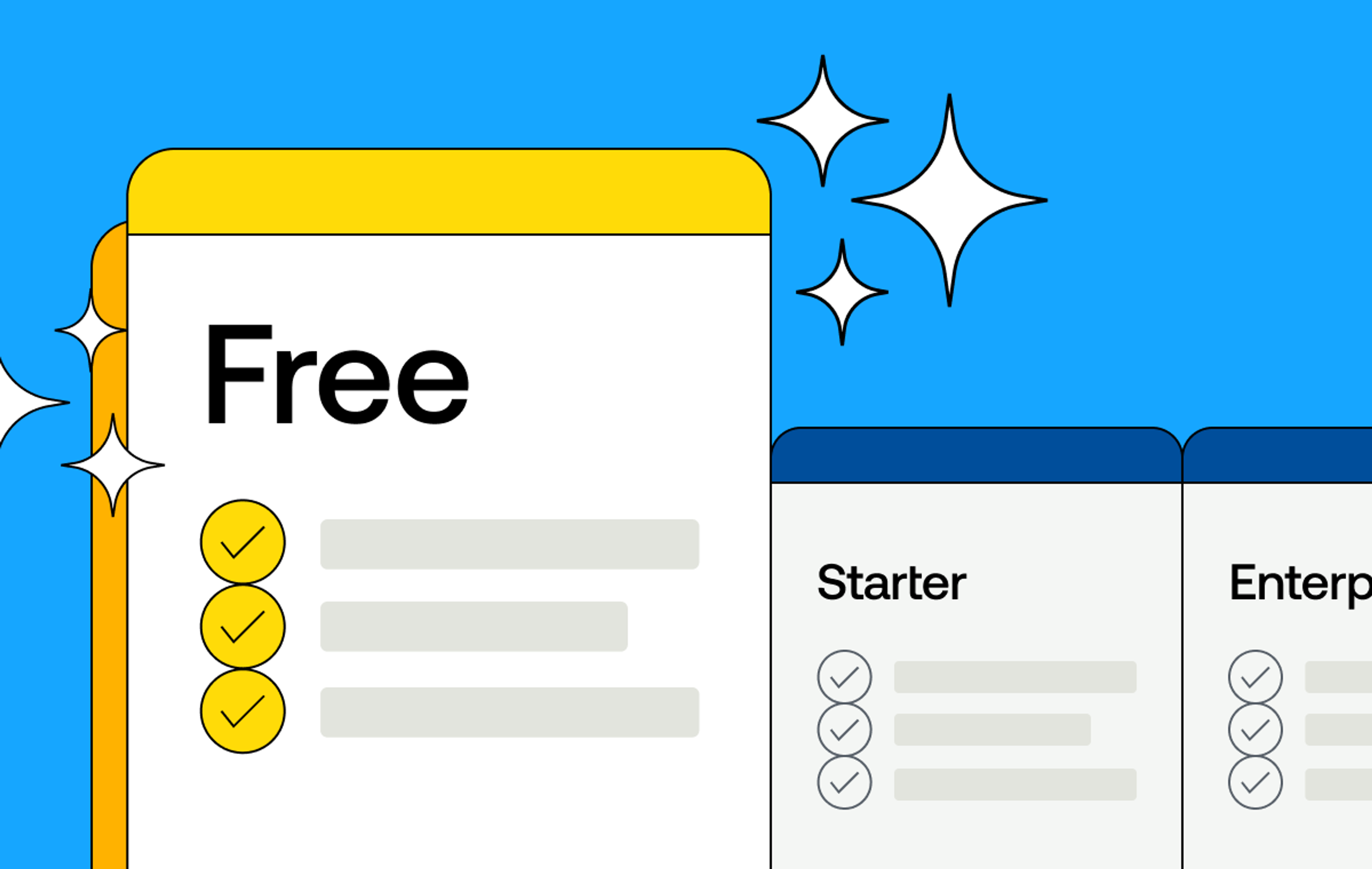 Image of plan cards on a pricing page free, starter, and enterprise. The free card is much bigger than the rest with stars around it.