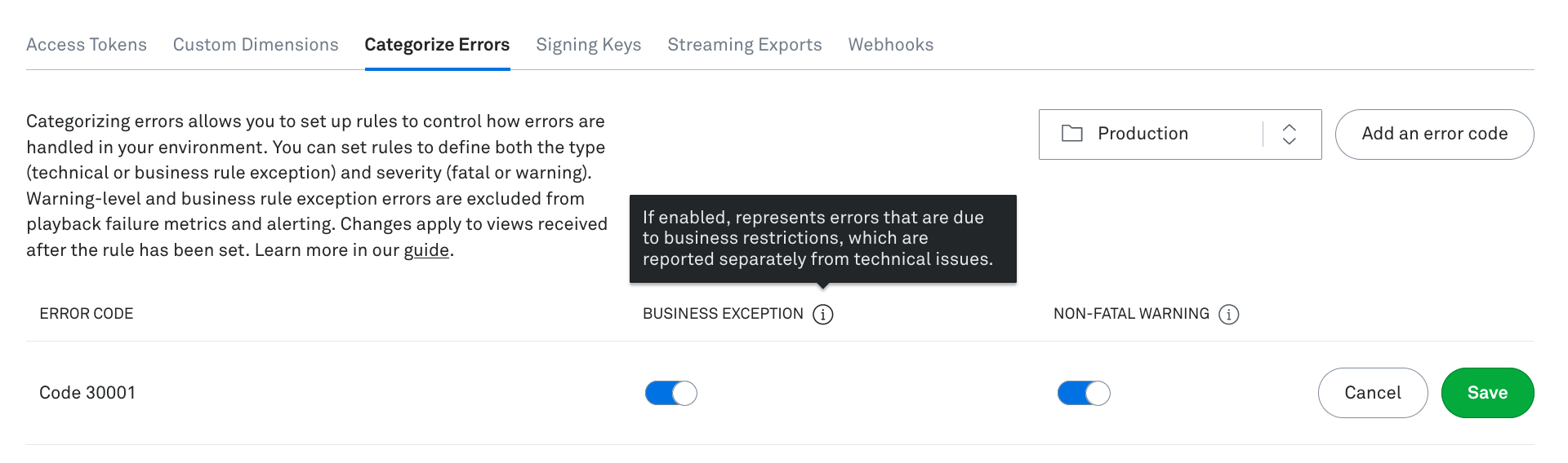 Screenshot of the Mux Data dashboard where you can enable business exceptions