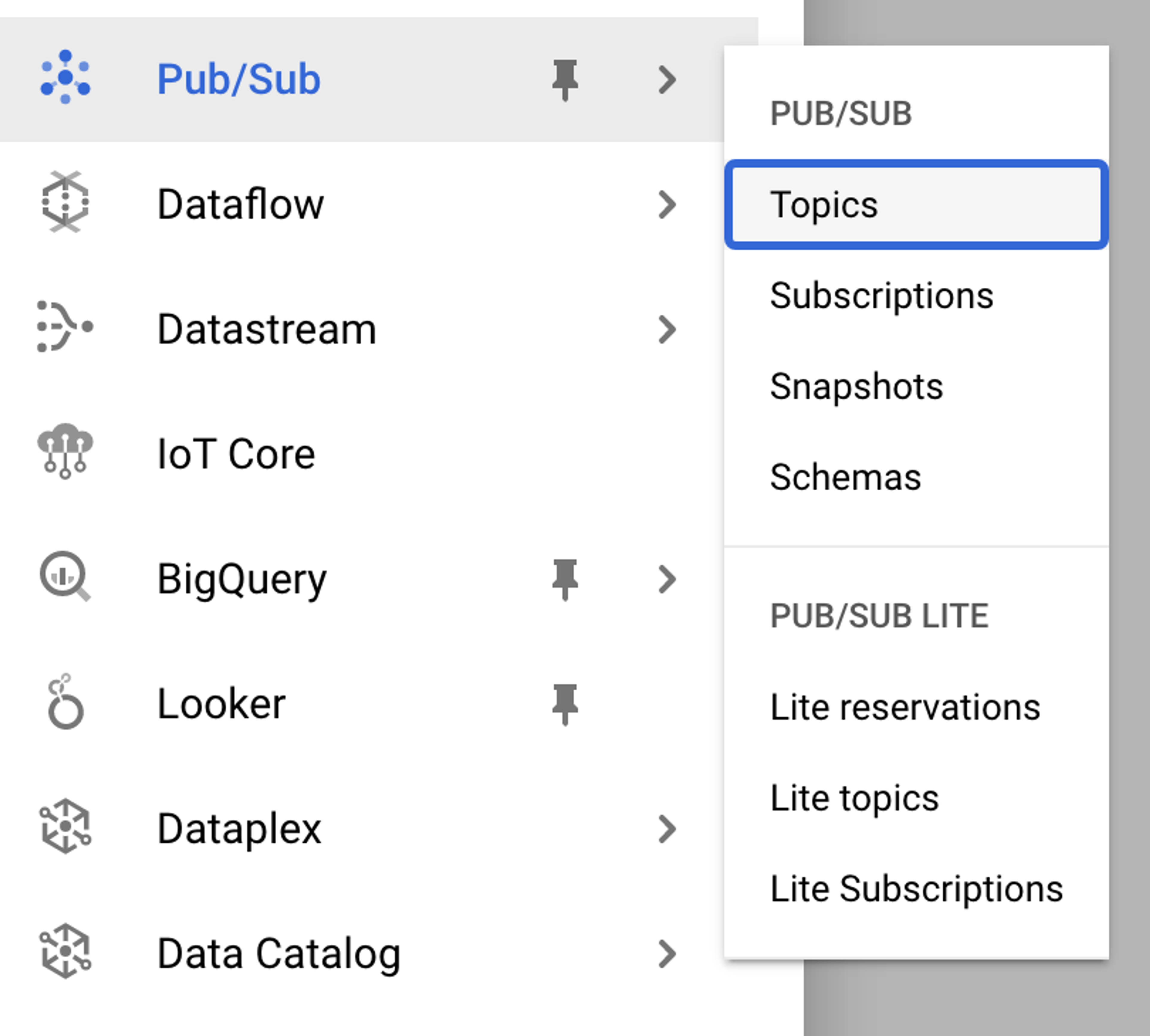 A screenshot showing the location of the Topics submenu item within the Pub/Sub parent menu