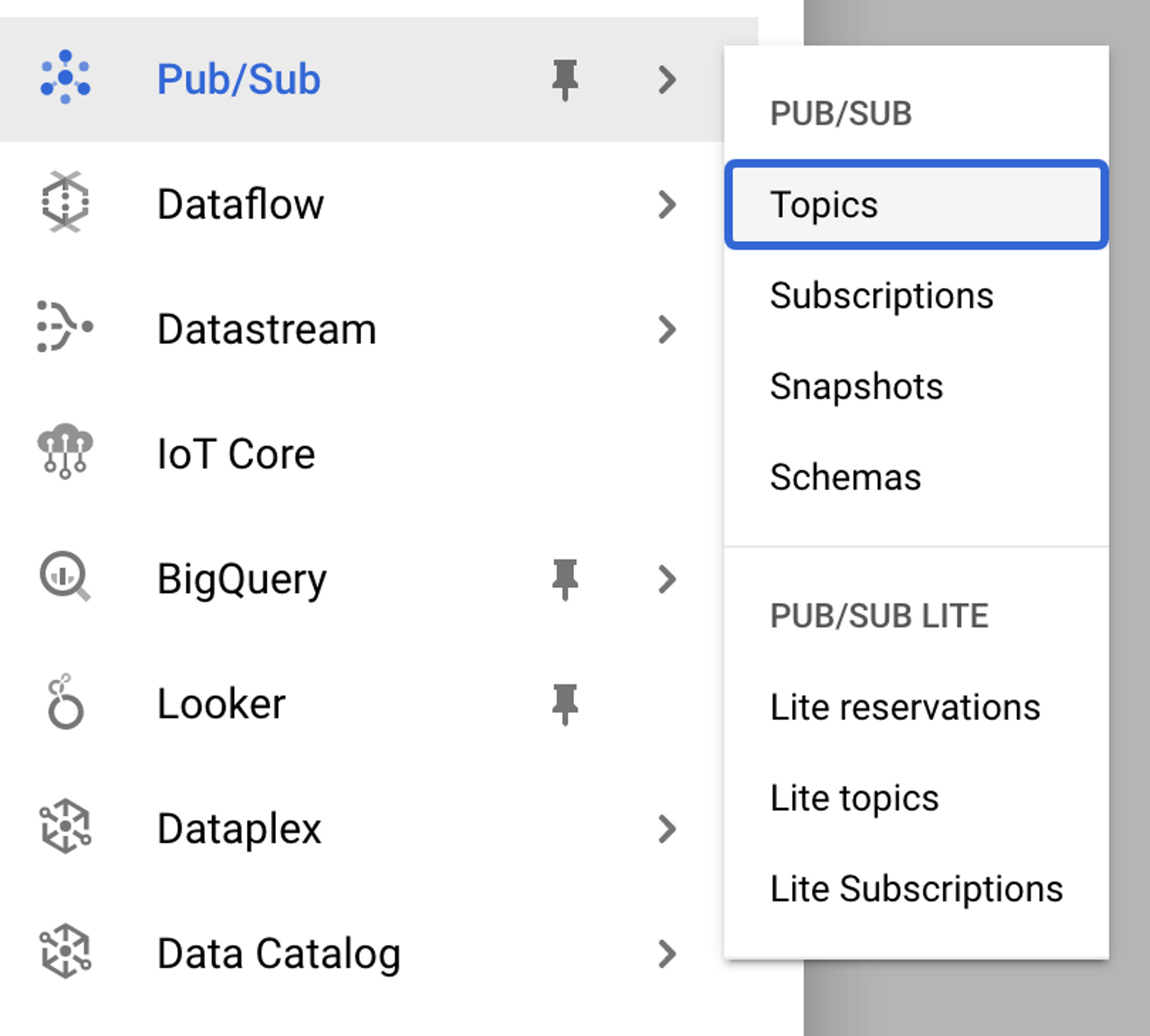 A screenshot showing the location of the "Topics" submenu item within the "Pub/Sub" parent menu