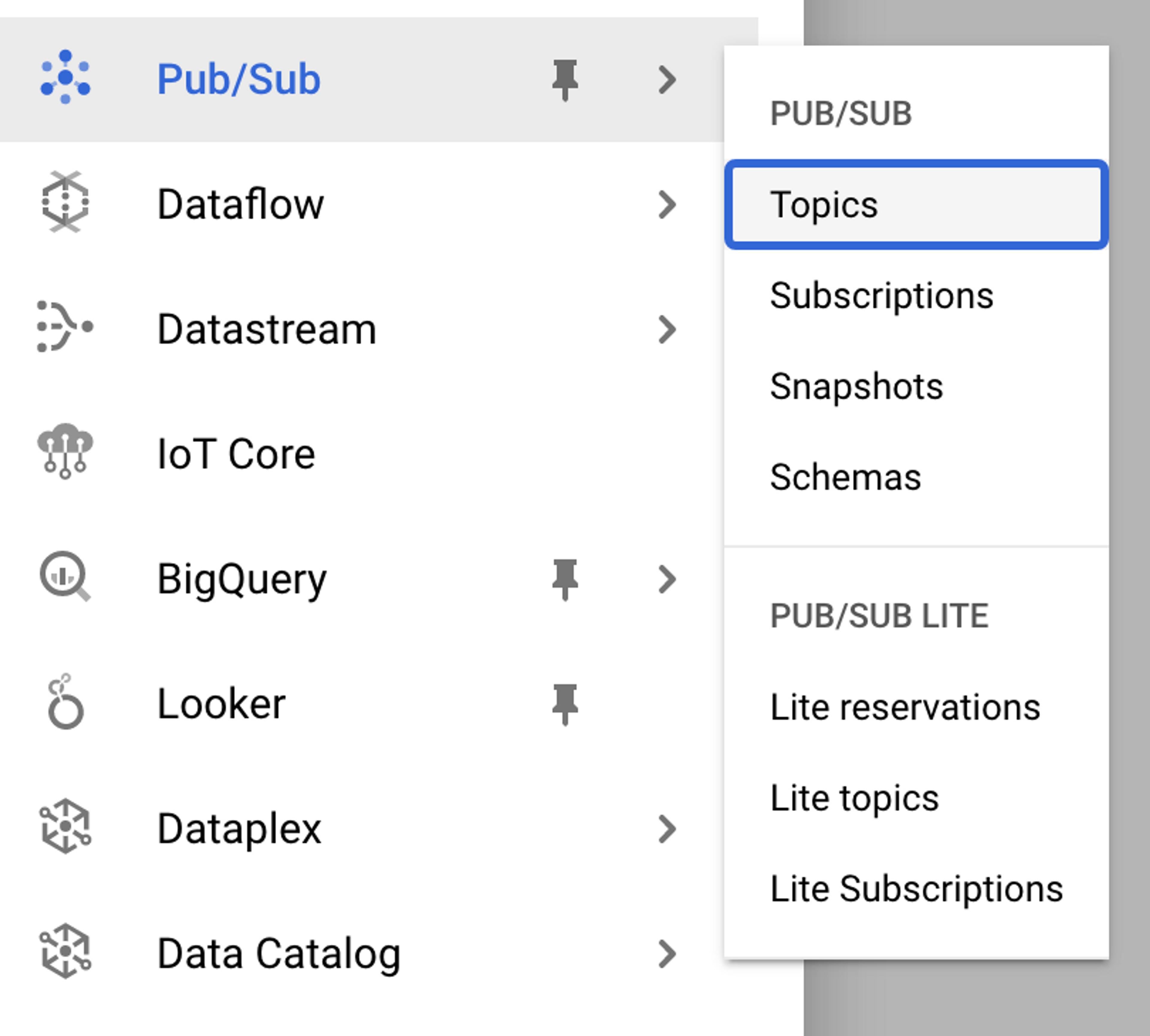 A screenshot showing the location of the Topics submenu item within the Pub/Sub parent menu