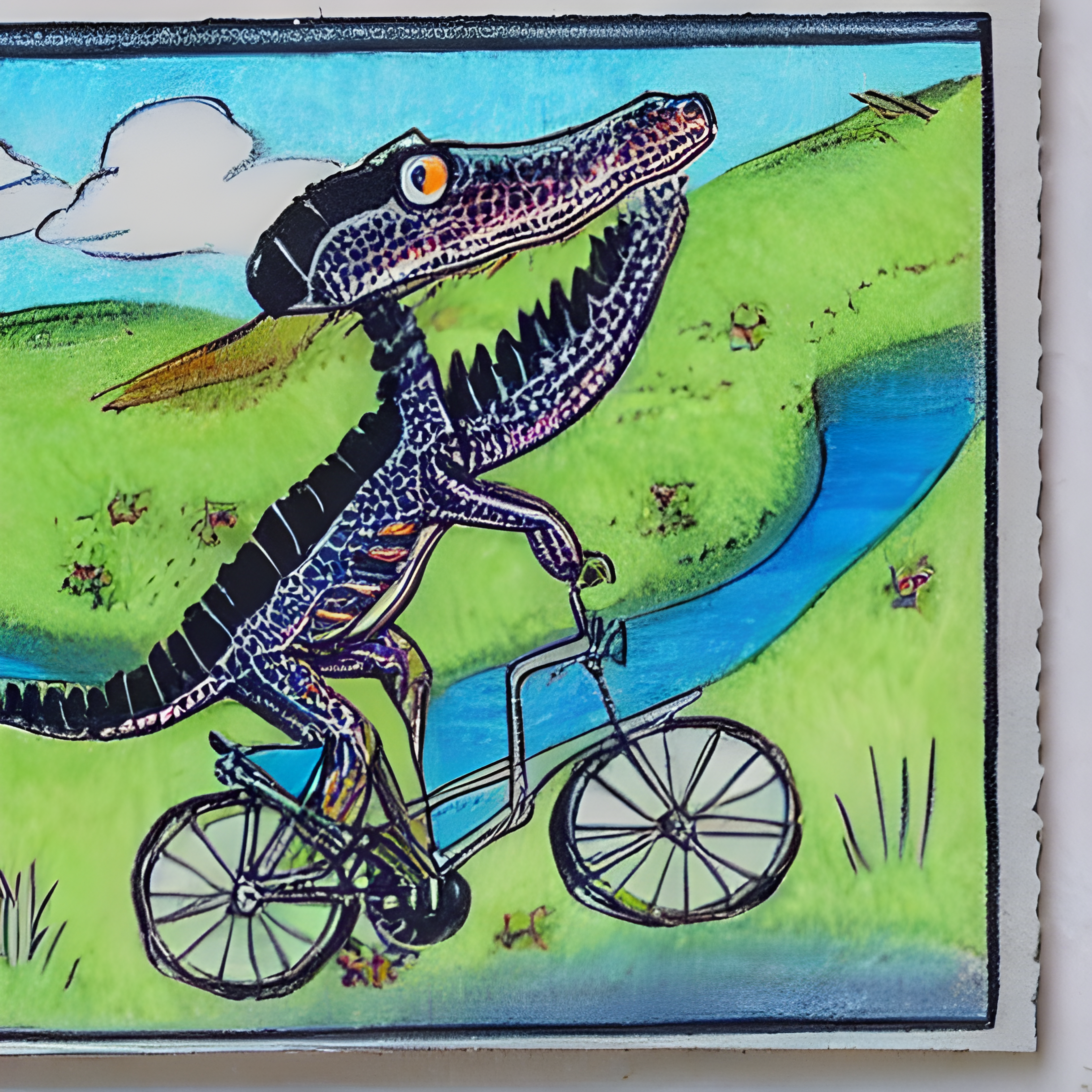 An illustration of a postcard depicting an alligator riding a bicycle