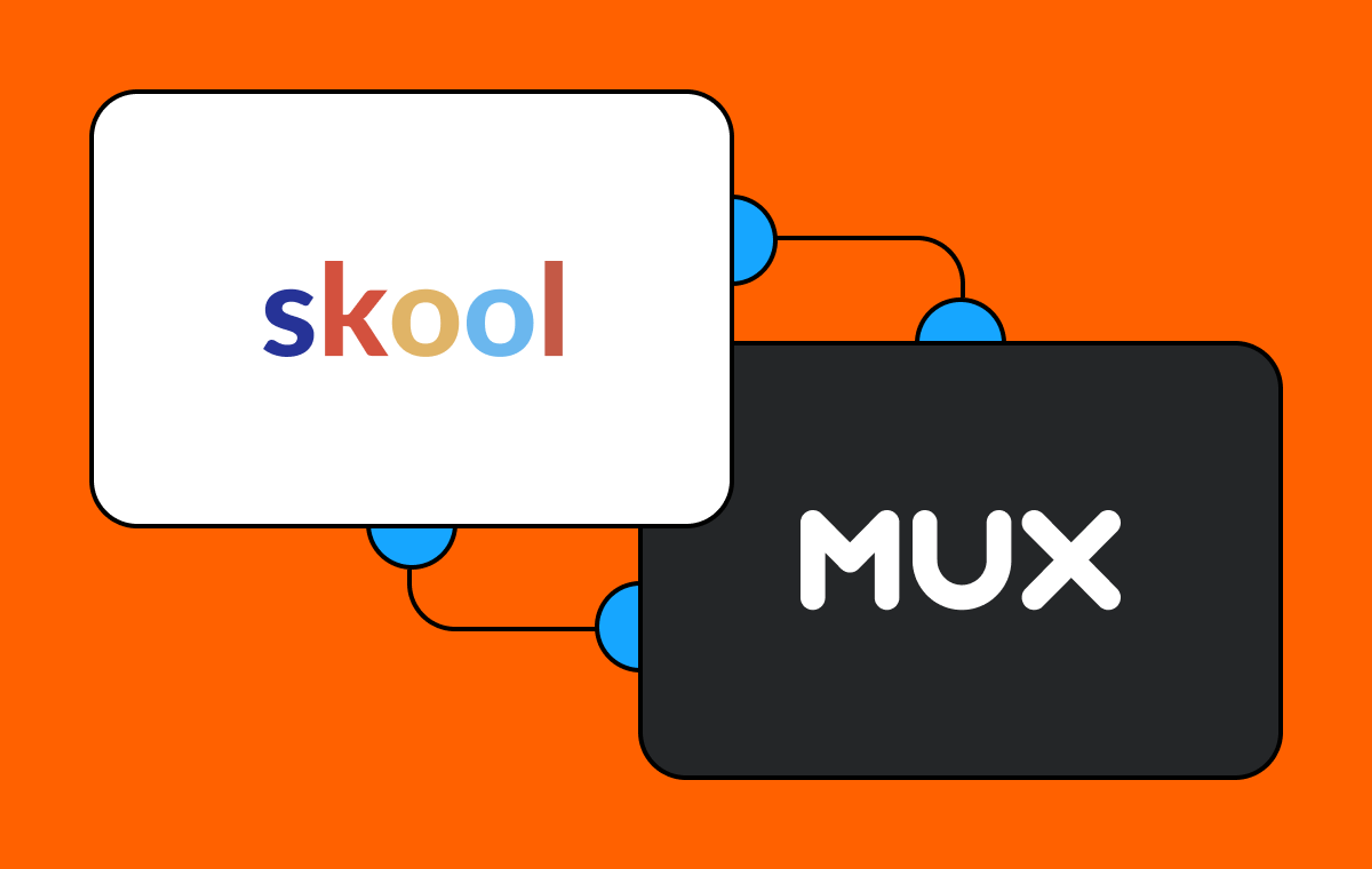 Skool logo and Mux logo connected on an orange background