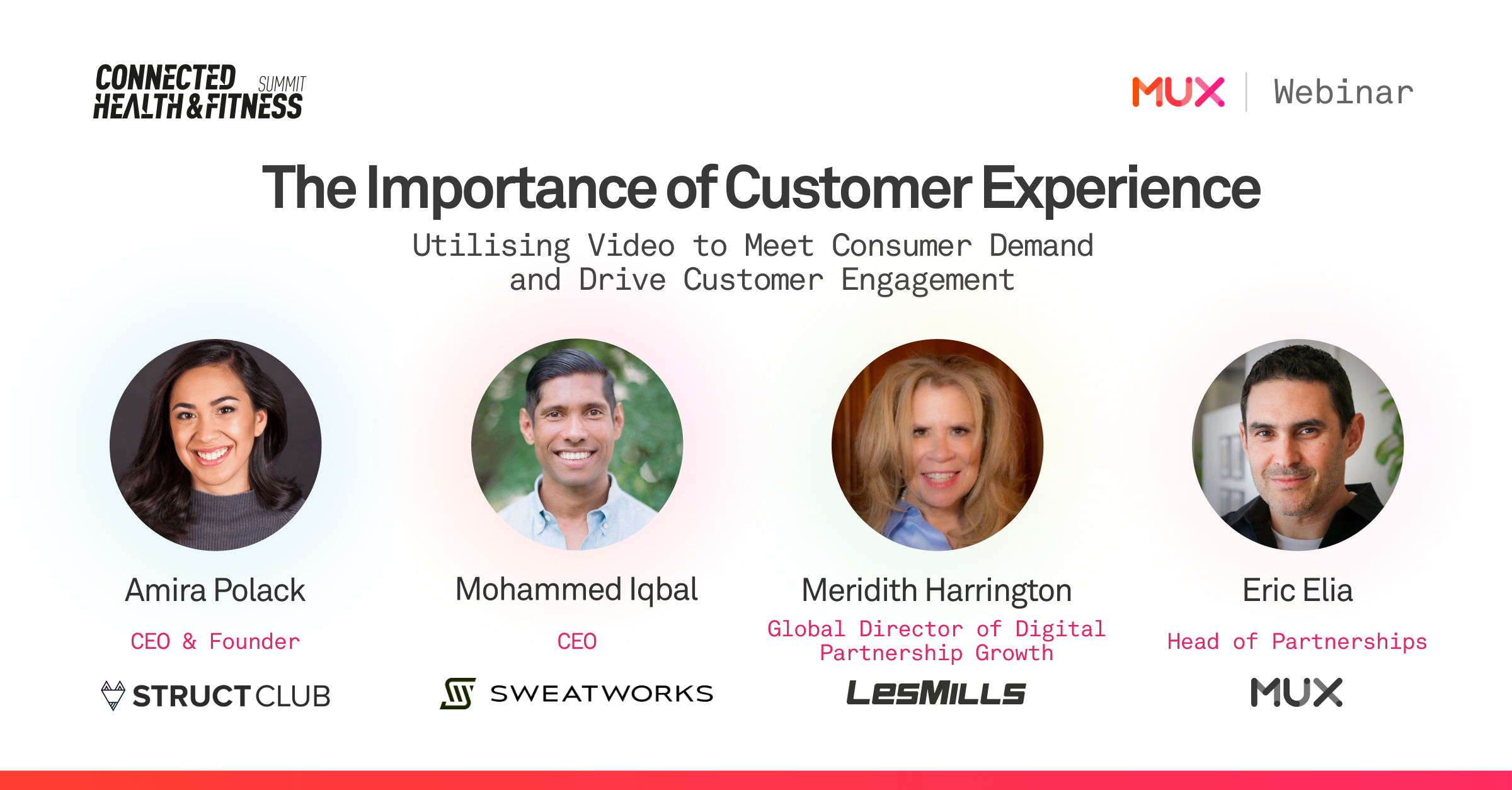 On a white background, title of the webinar with images of the following: Mohammed (Mo) Iqbal, CEO of SweatWorks; Amira Polack, CEO and Founder of Struct Club; Meredith Harrington, Global Director of Digital Partnership Growth for Les Mills; and Eric Elia Head of Partnerships at Mux. Company logos below each image.