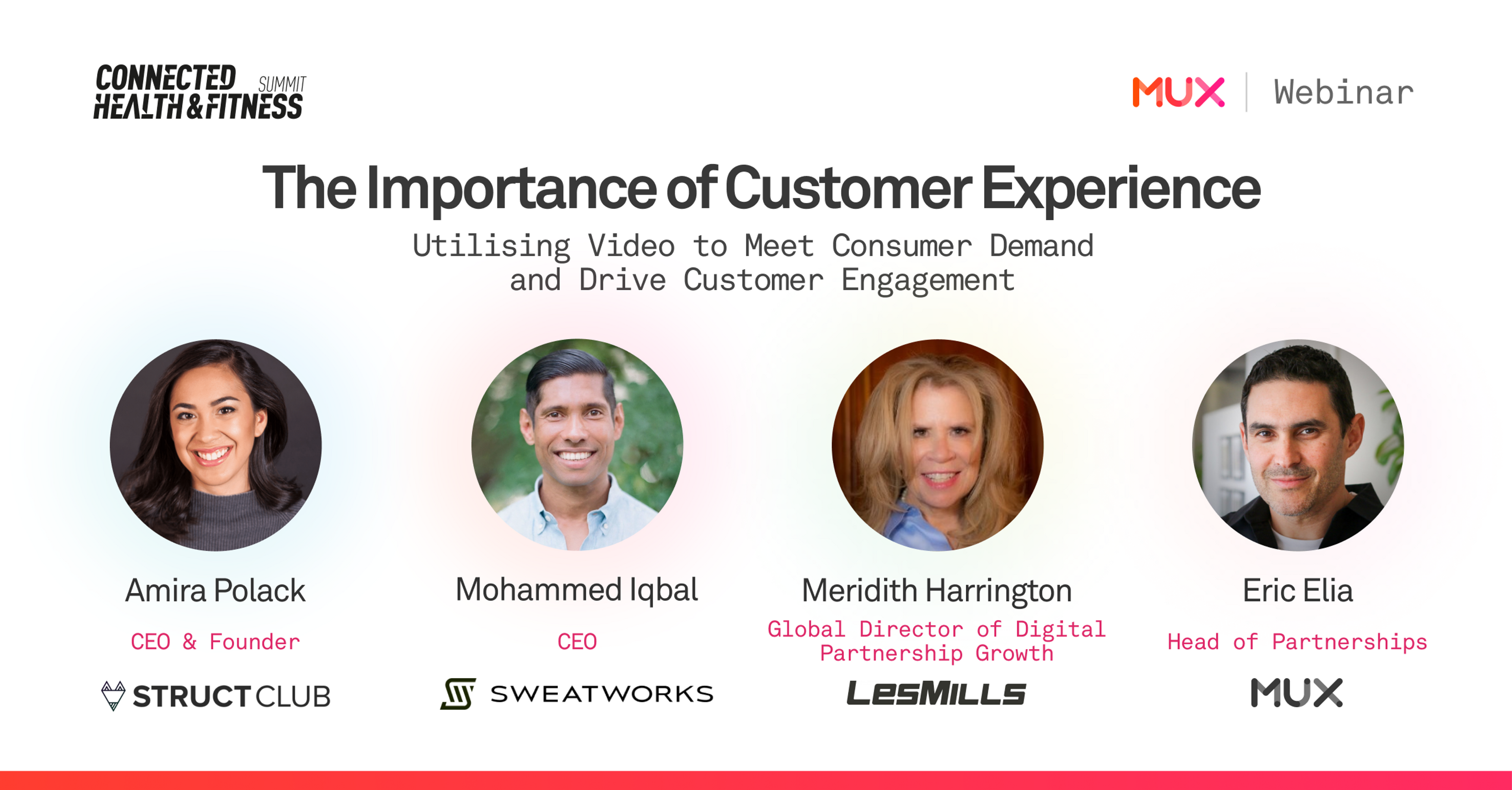 On a white background, title of the webinar with images of the following:  Mohammed (Mo) Iqbal, CEO of SweatWorks; Amira Polack, CEO and Founder of Struct Club; Meredith Harrington, Global Director of Digital Partnership Growth for Les Mills; and Eric Elia Head of Partnerships at Mux. Company logos below each image.