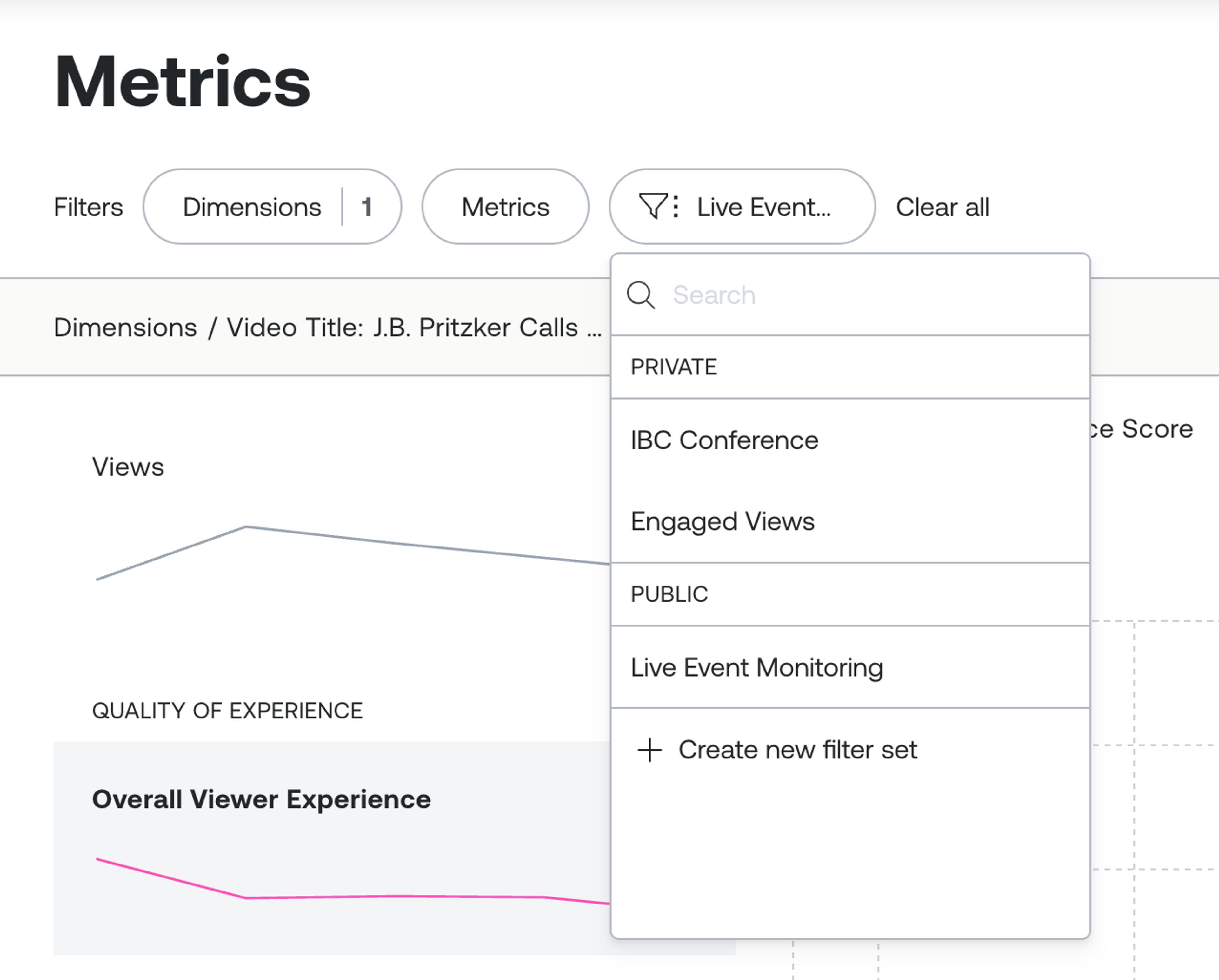 Screenshot of filter sets in Mux Data
