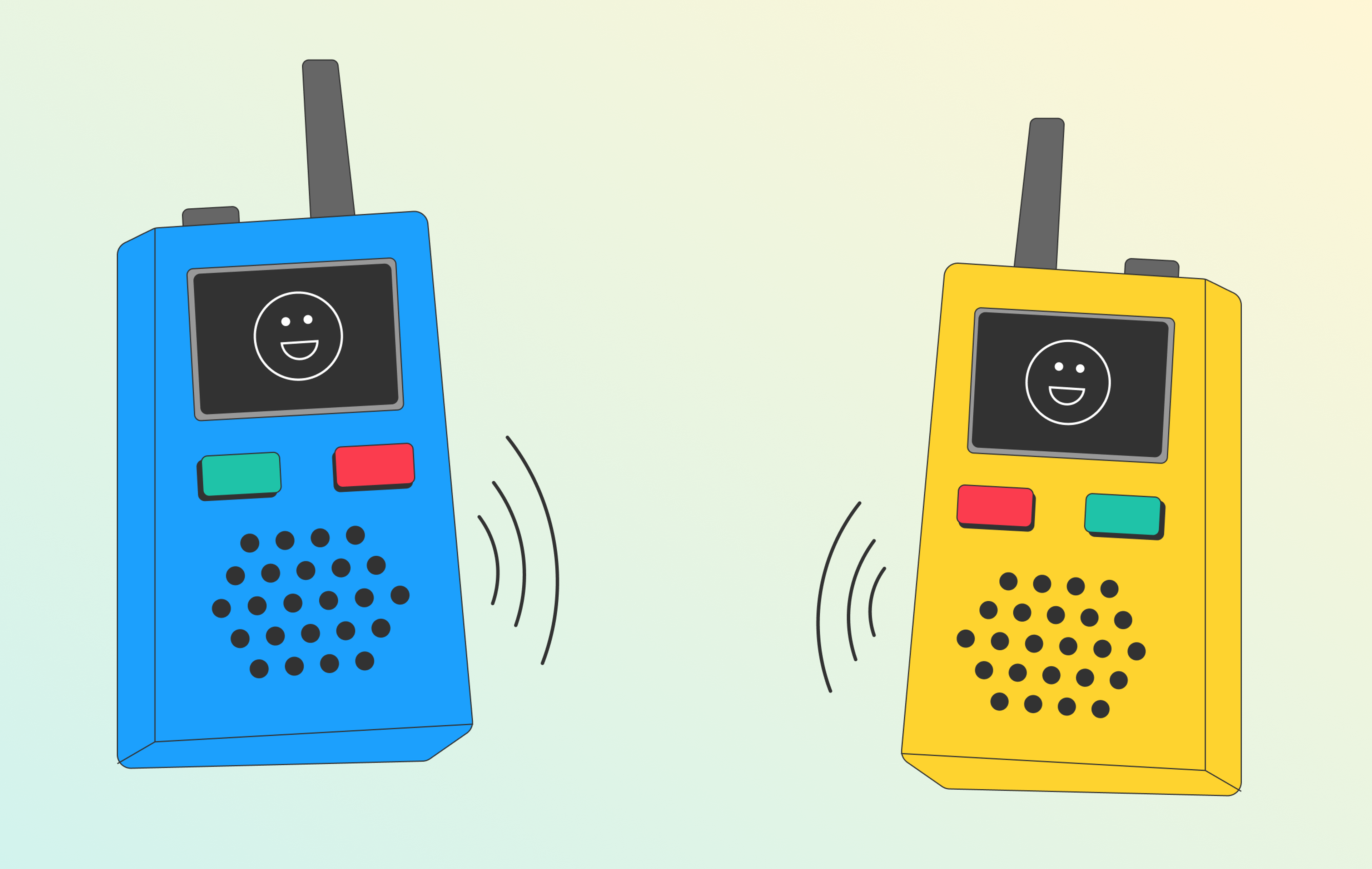 An illustration of two walkie-talkie handheld radios communicating with each other