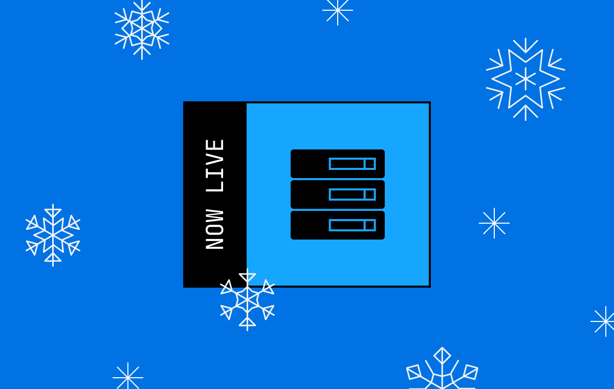 On a background with snowflakes, an icon representing cold storage and the words now live