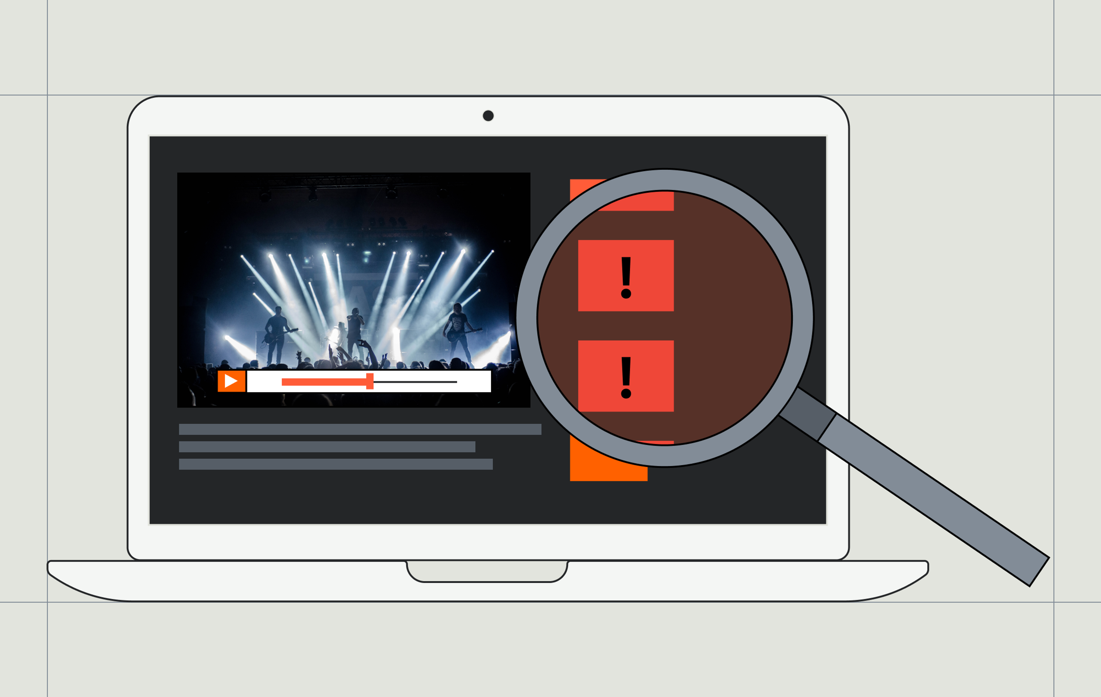 A laptop showing an abstract representation of a Youtube-like webpage and a magnifying glass with red exclamation marks