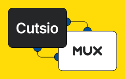 Cutsio logo on the left, Mux logo on the right atop a yellow background