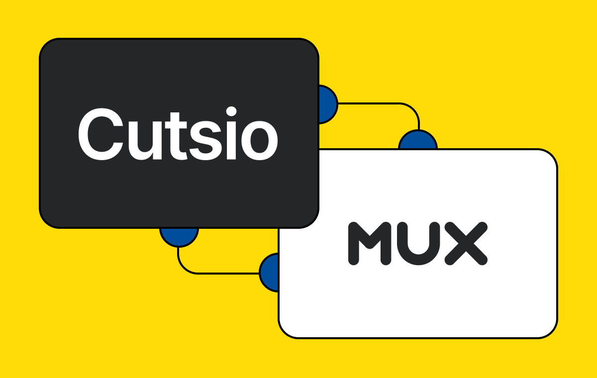 Cutsio logo on the left, Mux logo on the right atop a yellow background