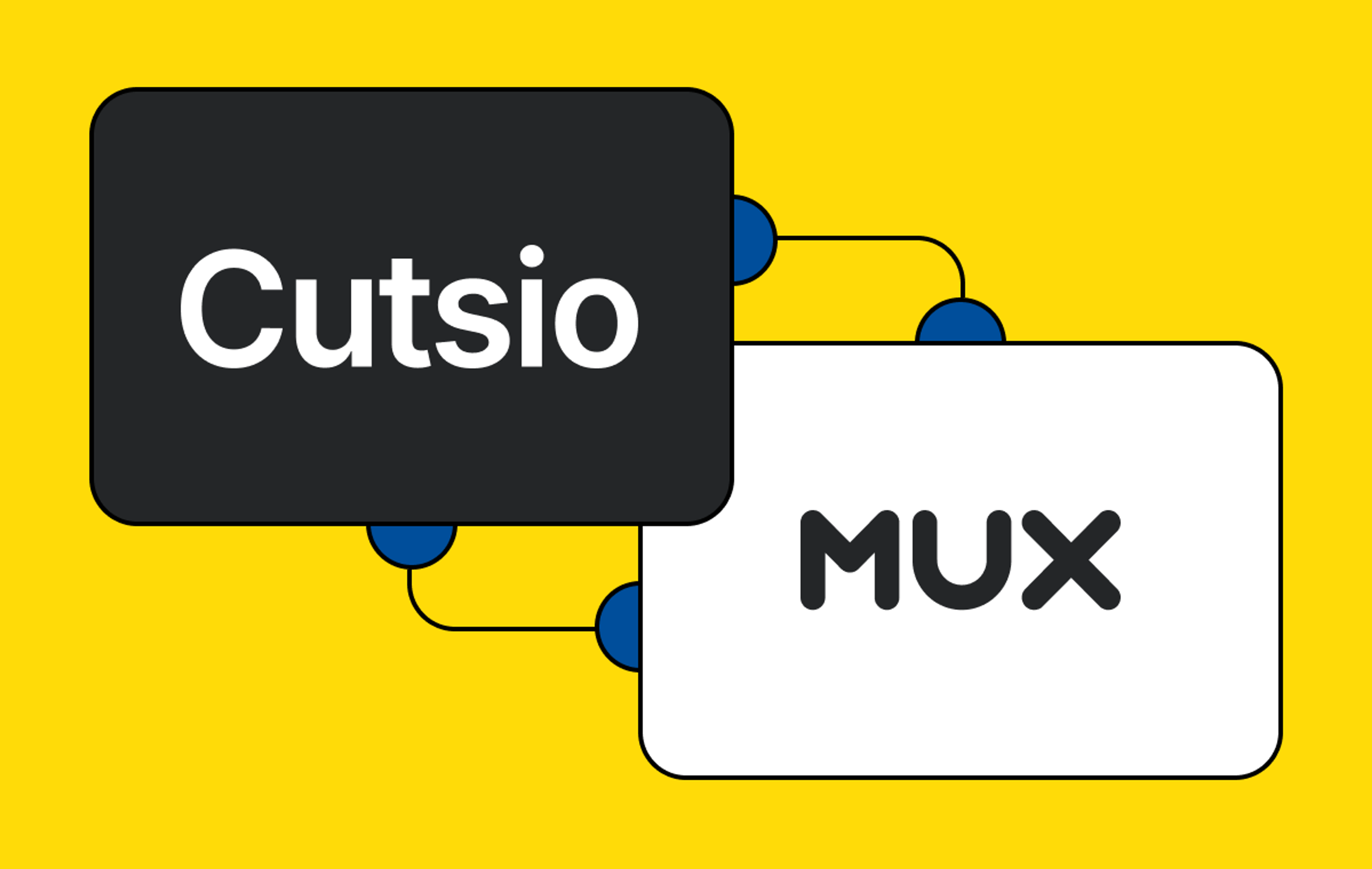 Cutsio logo on the left, Mux logo on the right atop a yellow background
