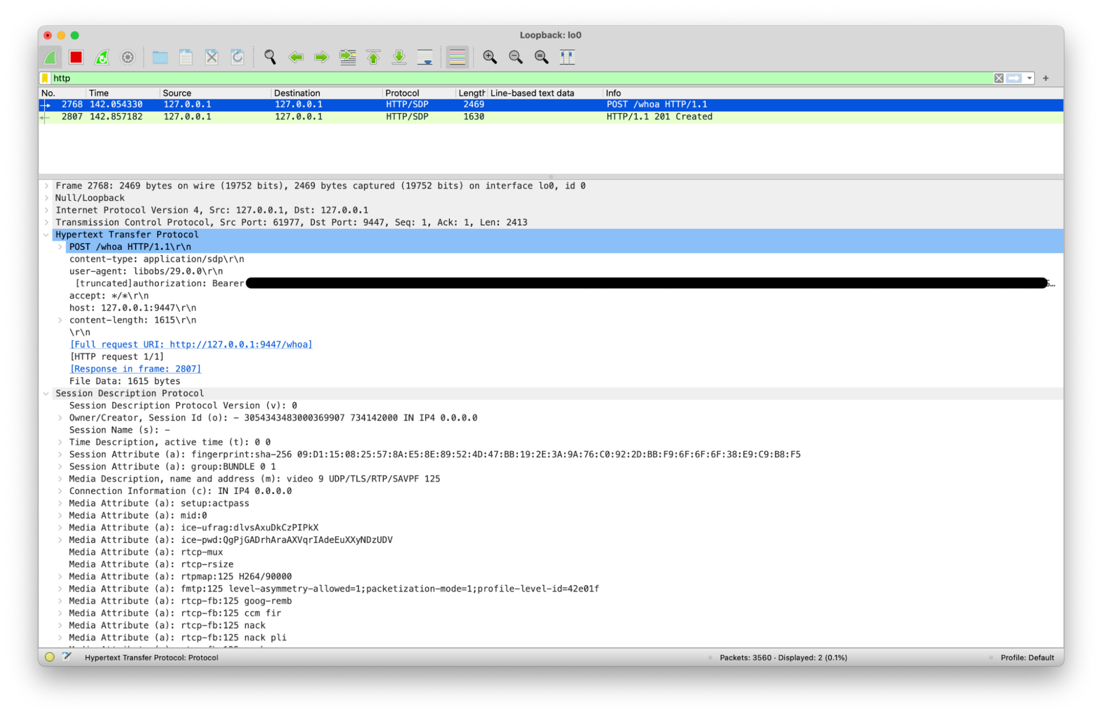 A screenshot showcasing the details of a network request to a WHIP endpoint
