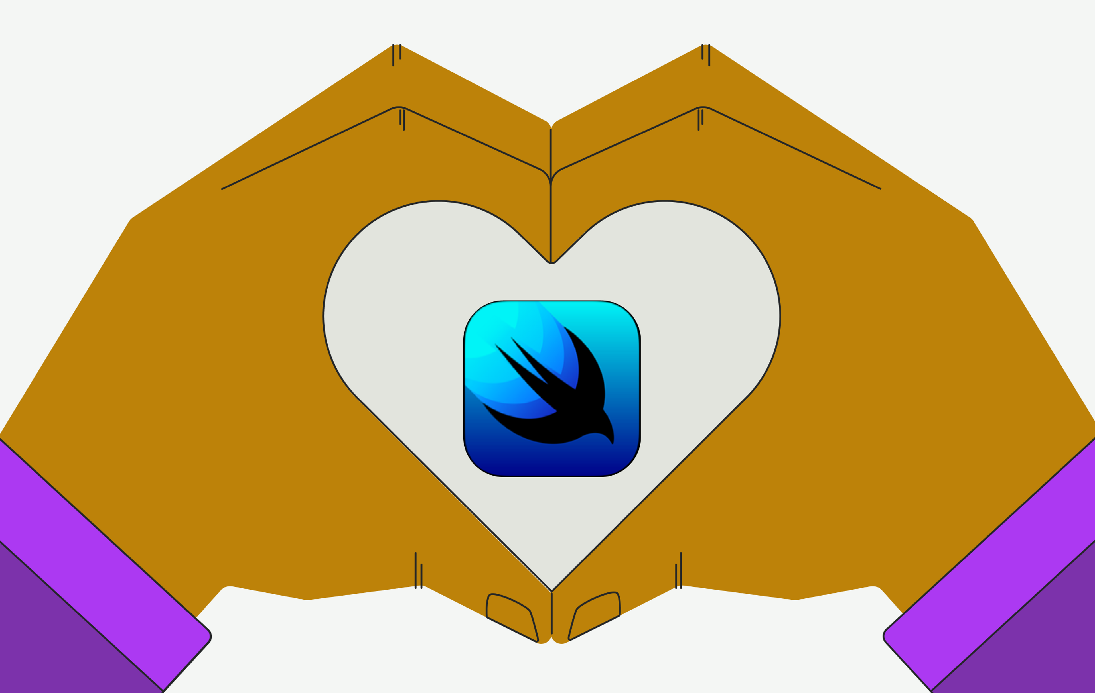 An illustration of a pair of hands making a heart shape, the focal point within the hands is the SwiftUI logo