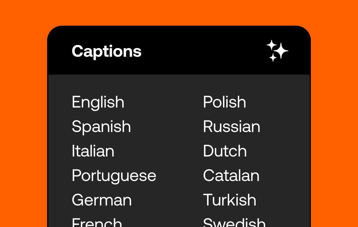 On an orange background, is a black box that reads Captions with a list of different languages.