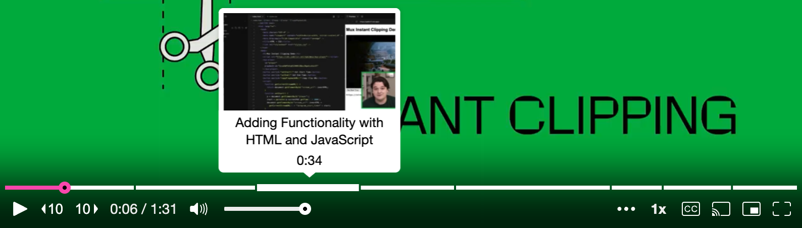 Example of chaptering in Mux's instant clipping video.
