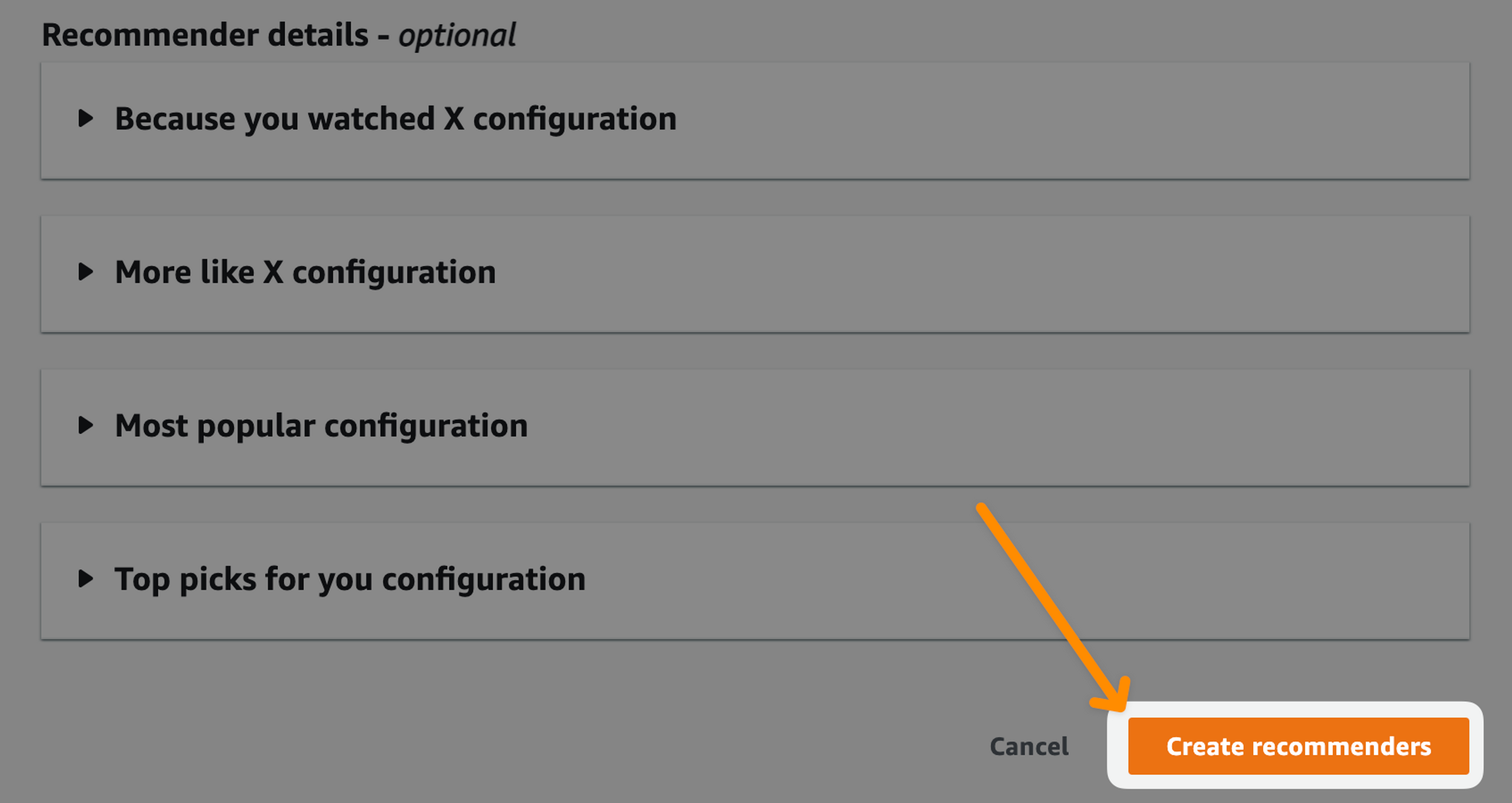 A screenshot of the Amazon Personalize dashboard with a button that reads "Create recommenders"