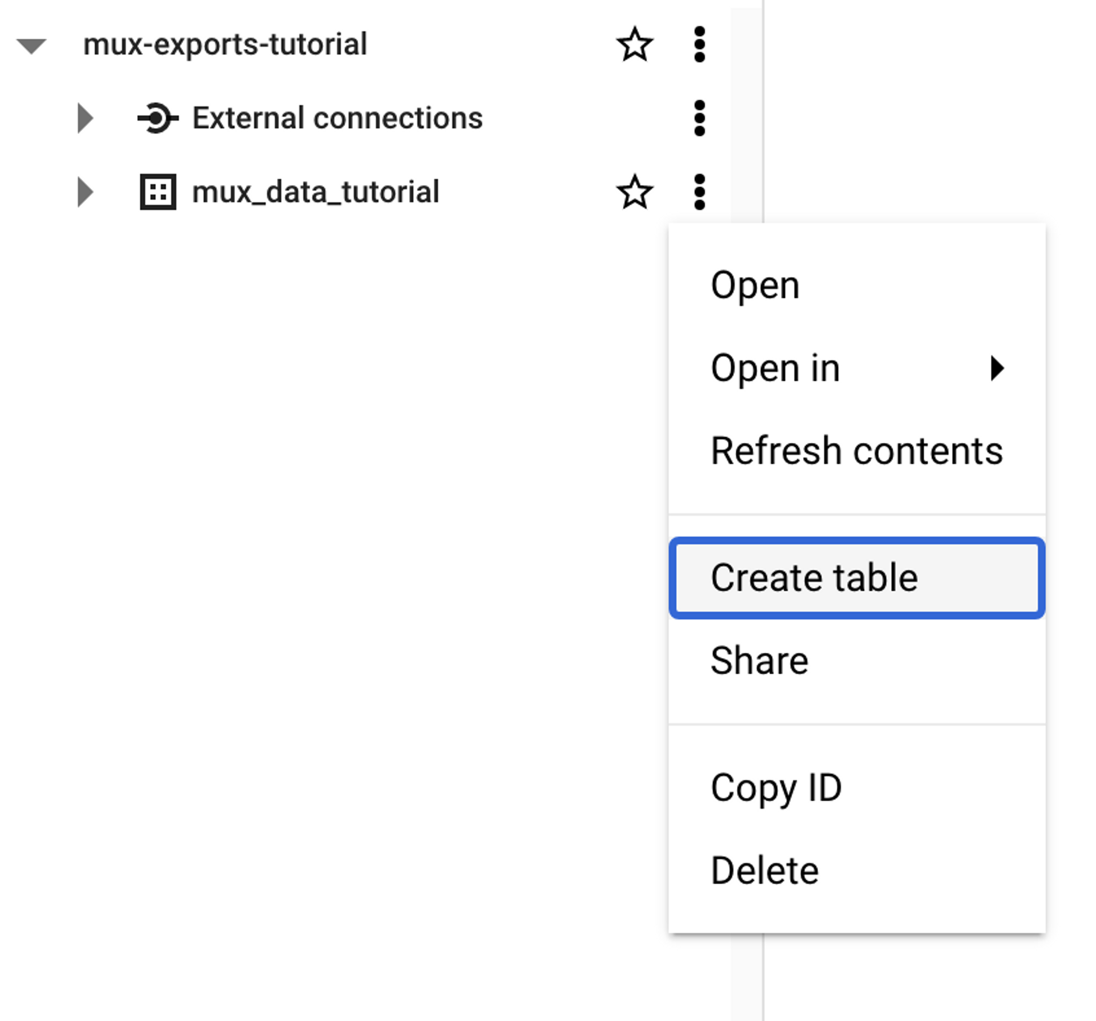 A screenshot showing the location of the "Create table" action item, located under a kebab menu.