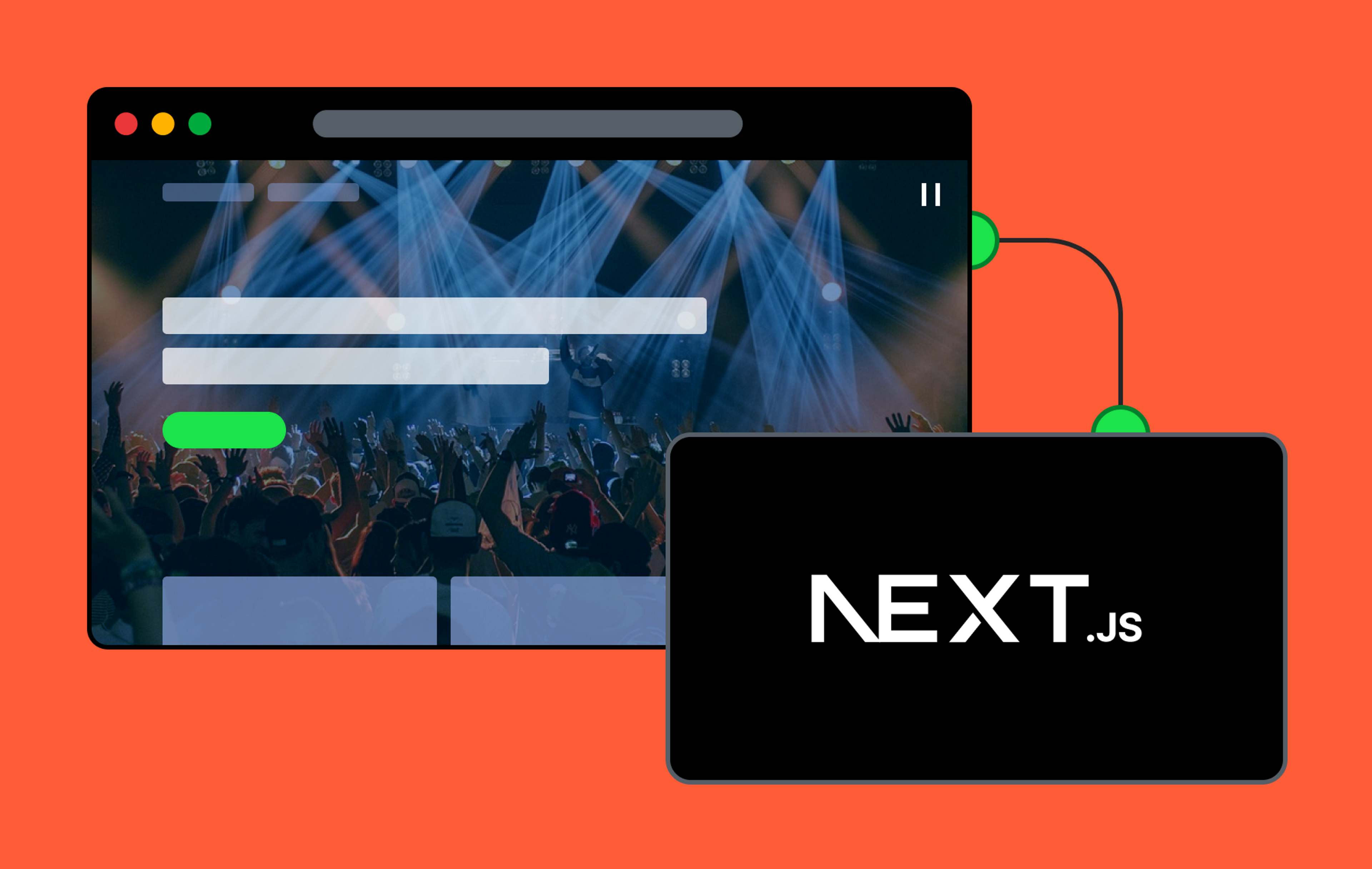 The image is a graphic design with a browser window showing a concert scene on the left and a screen with "NEXT.js" on the right, connected by a green line, against an orange background.