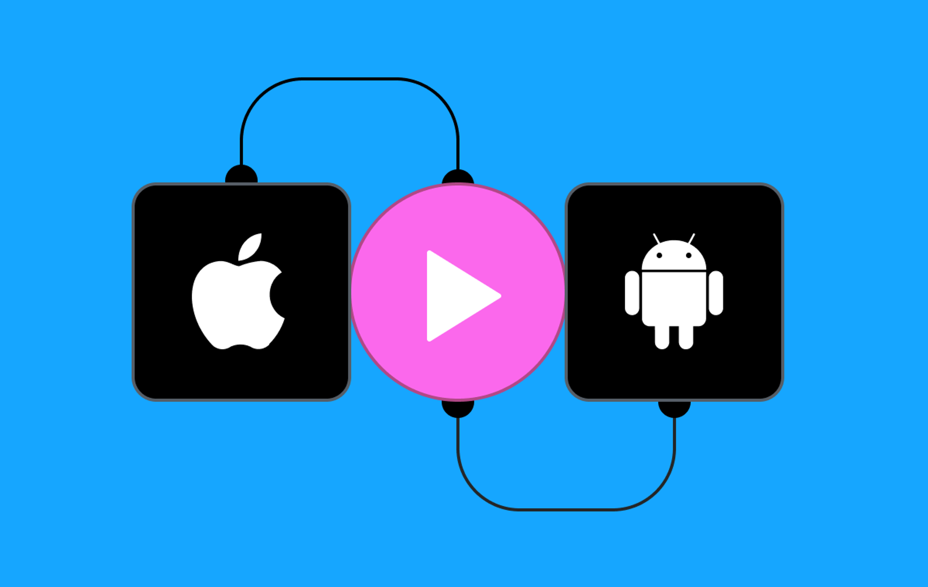 On a blue screen, in the middle of the screen is a pink circle with a play button. Linked by lines coming off the play button are 2 black boxes with logos -- an Apple logo to the left and an Android logo to the right