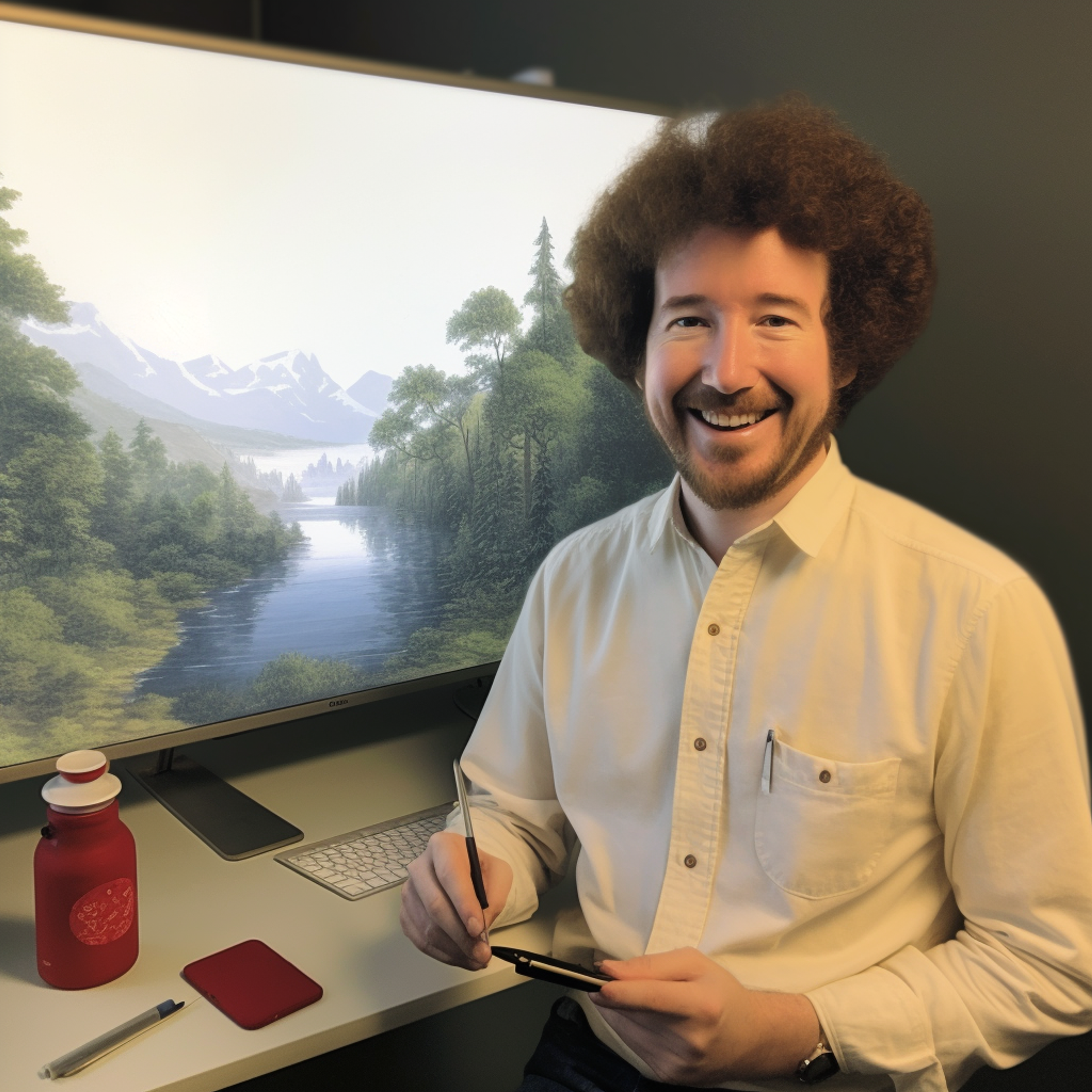 Midjourney, imagining me as Bob Ross. Yowza.