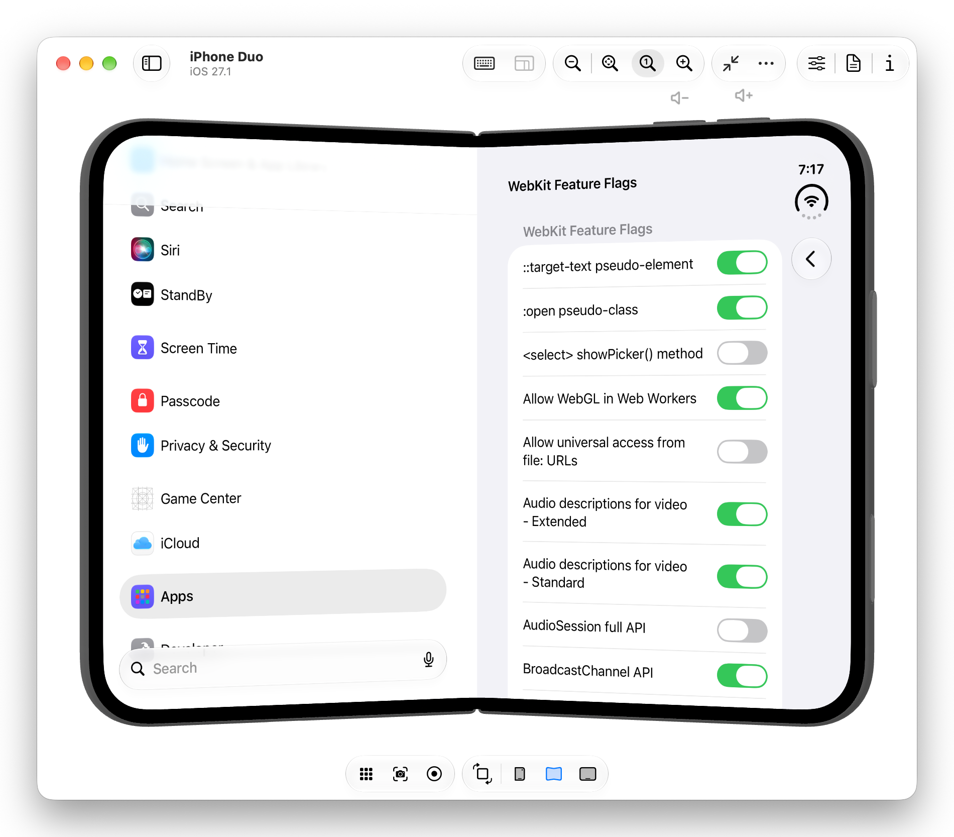 The same Settings layout on a partially folded iPhone Duo, with each column snapped to one half of the screen