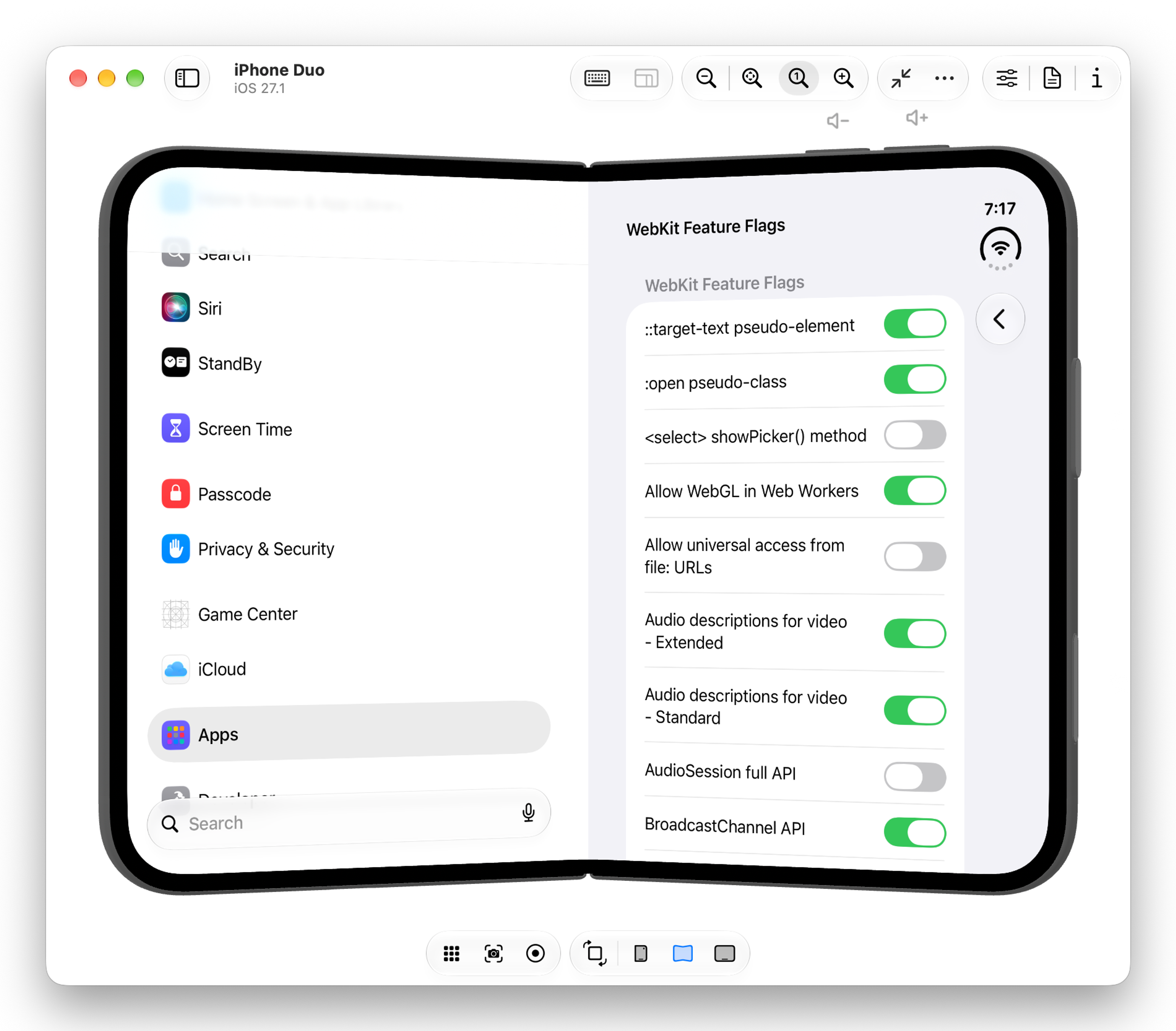 The same Settings layout on a partially folded iPhone Duo, with each column snapped to one half of the screen