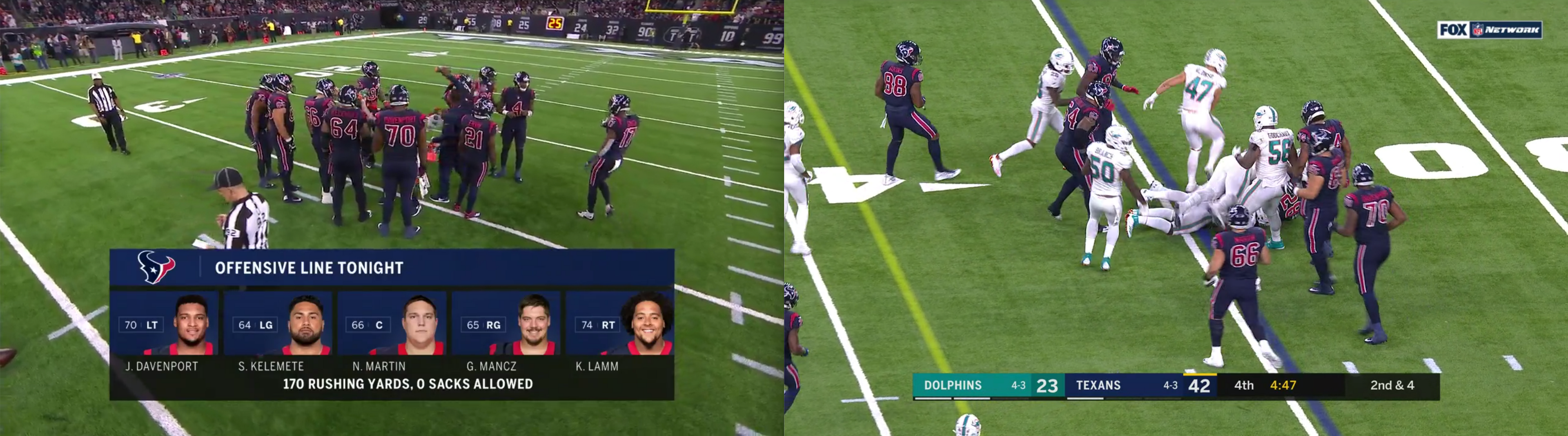 Screenshot showing two frames from the same football game side-by-side