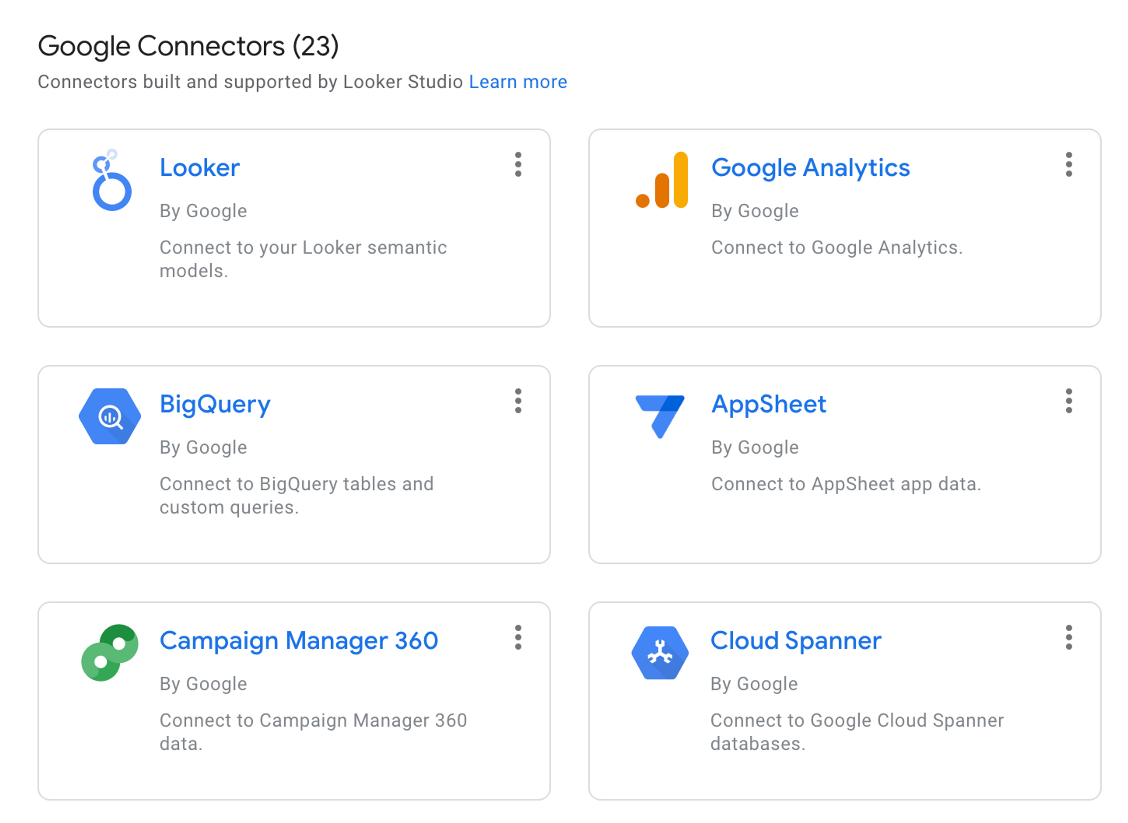 A list of Google Connectors within the Looker Studio dashboard. There are several options, but BigQuery is the correct one to choose.