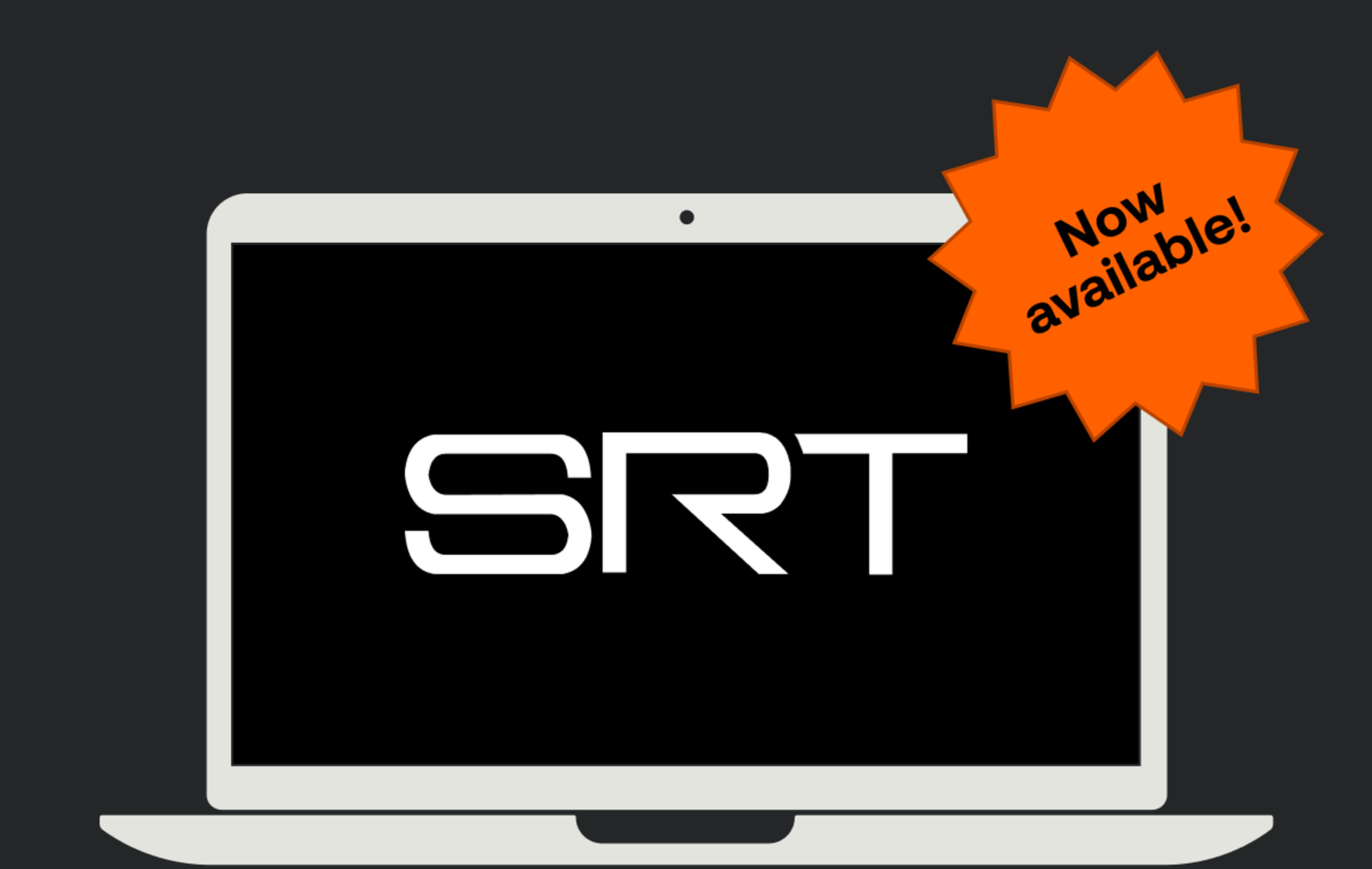 Image of a laptop on a black background. On the laptop is the SRT logo. A badge is on the corner of the laptop that reads "now available". 