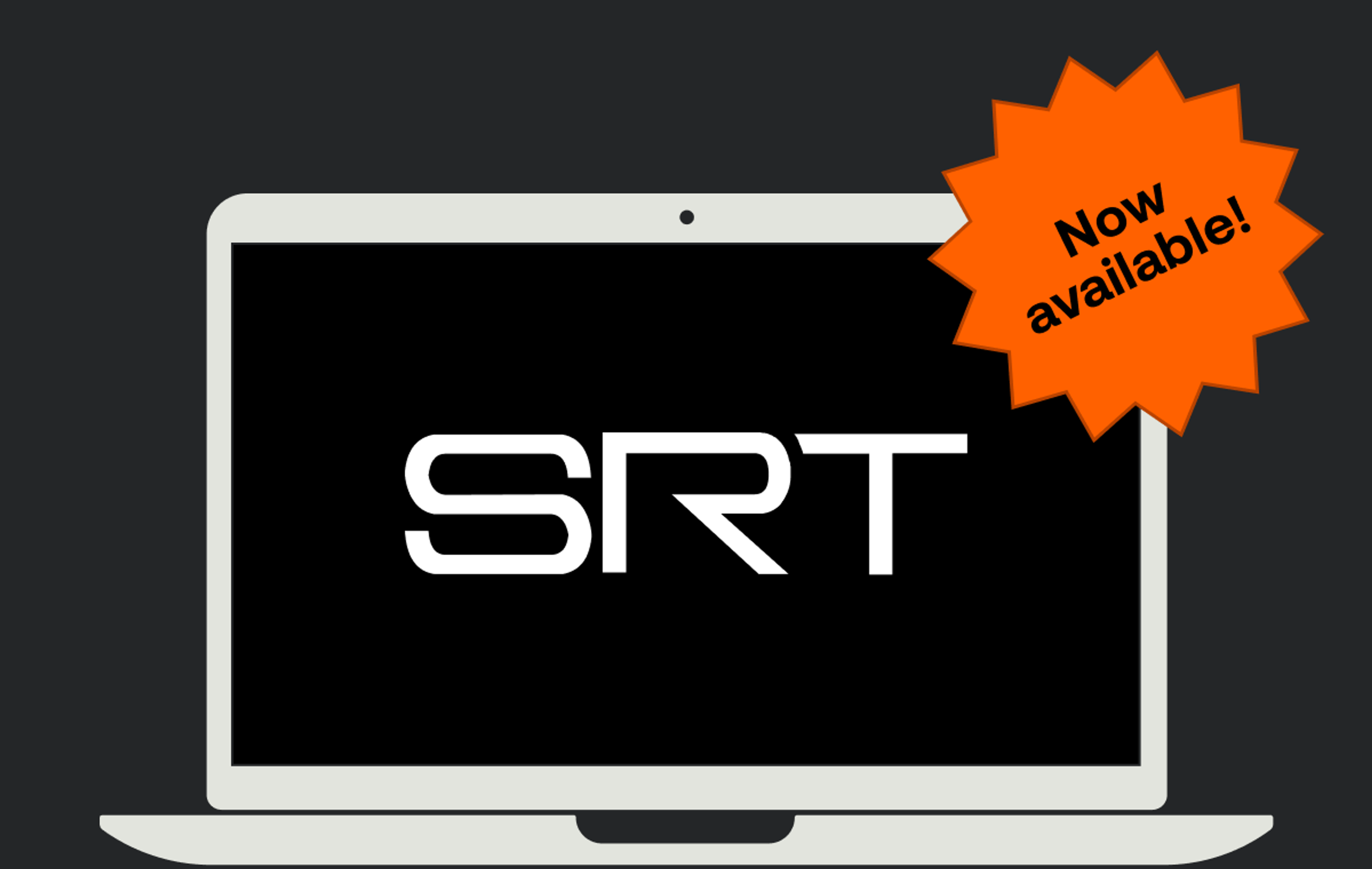Image of a laptop on a black background. On the laptop is the SRT logo. A badge is on the corner of the laptop that reads "now available".