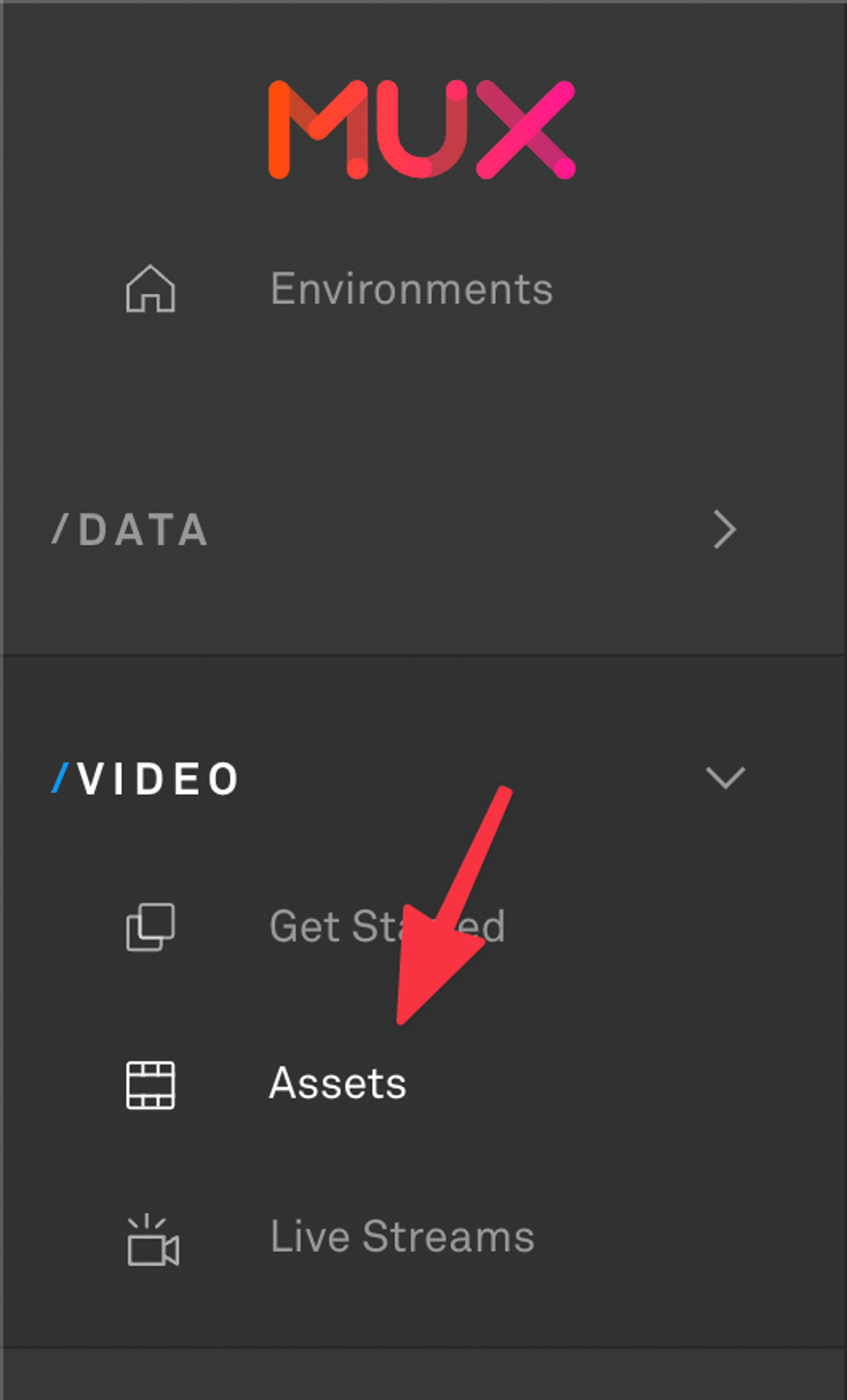 Screenshot of Mux Dashboard's left sidebar menu where a red arrow is pointing to a menu item under /video called "Assets".
