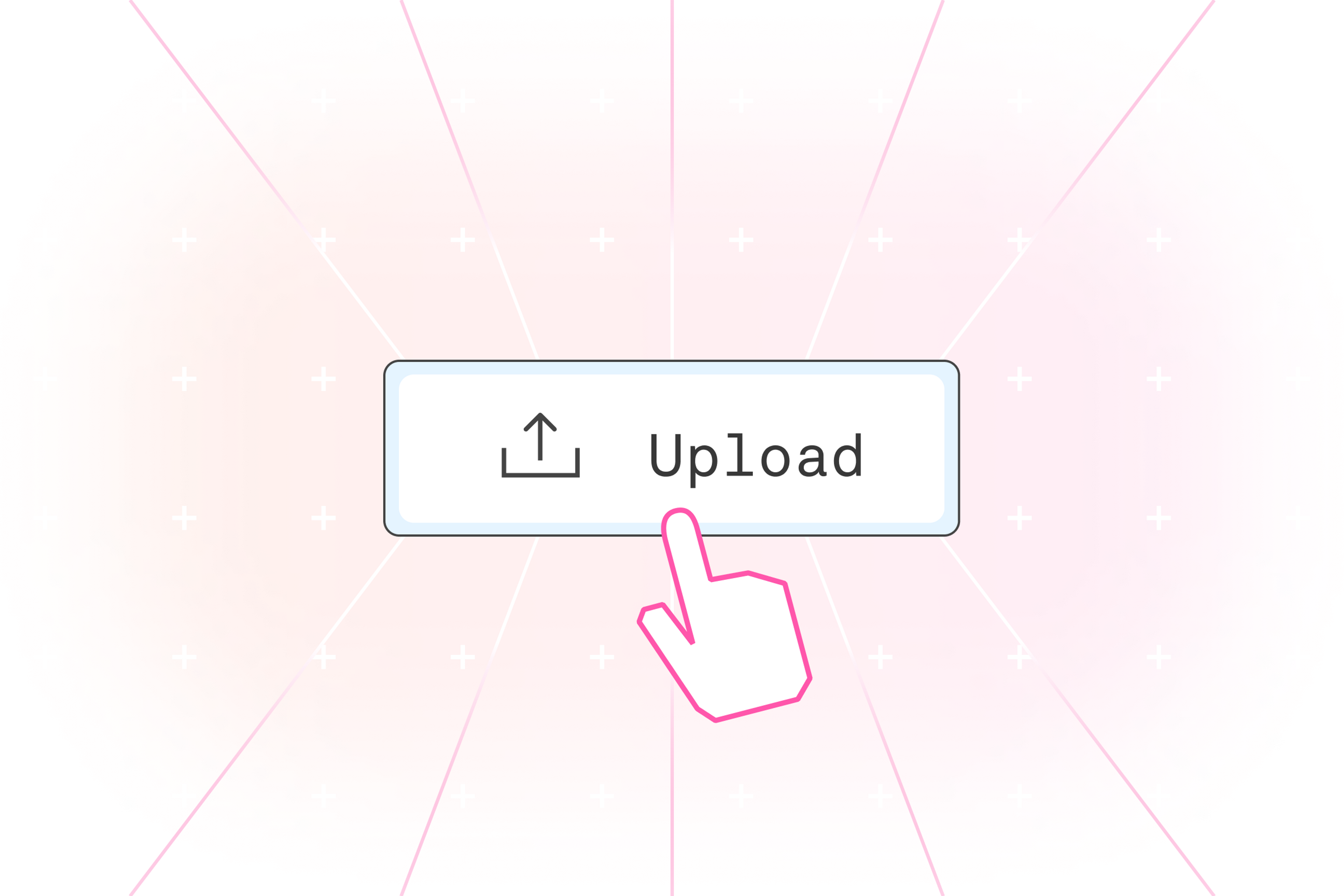 A glowing upload button with a cursor hand about to click it.