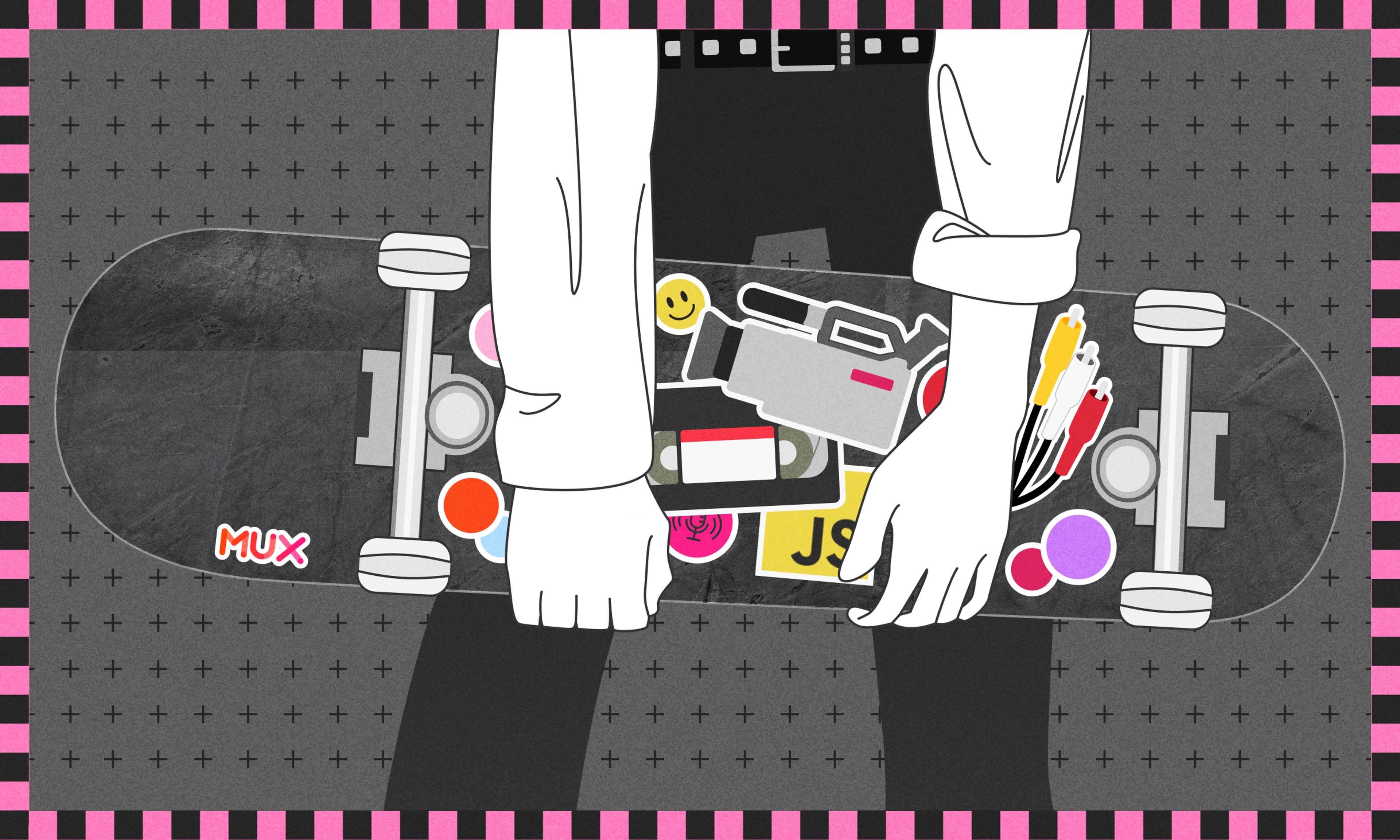 An illustration of a person holding a skateboard covered in internet-themed stickers.