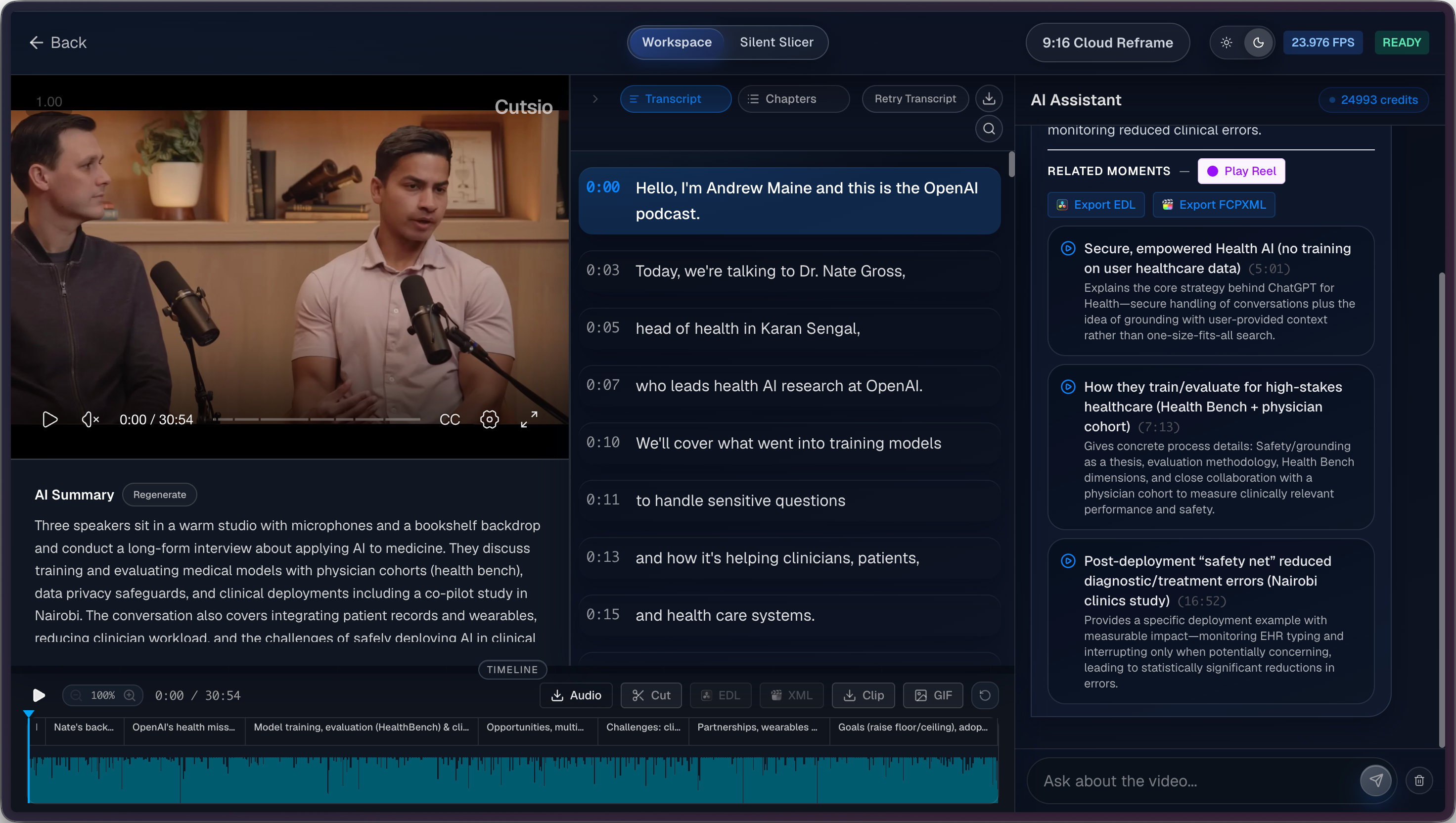 Cutsio interface with AI summary, transcript, and AI assistant. 