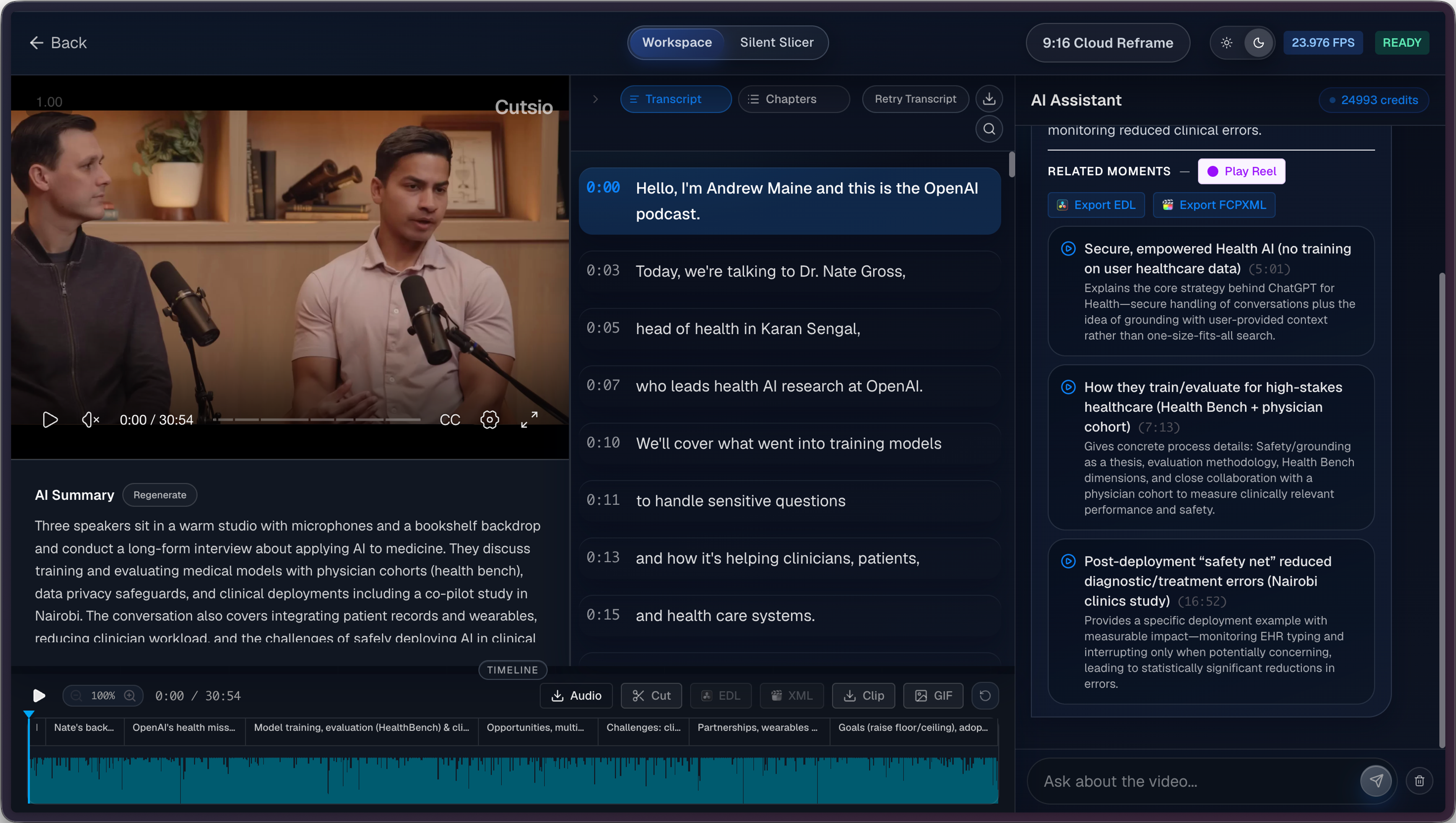 Cutsio interface with AI summary, transcript, and AI assistant. 