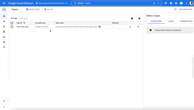 Screen recording showing how to create a topic in Google Pub/Sub.
