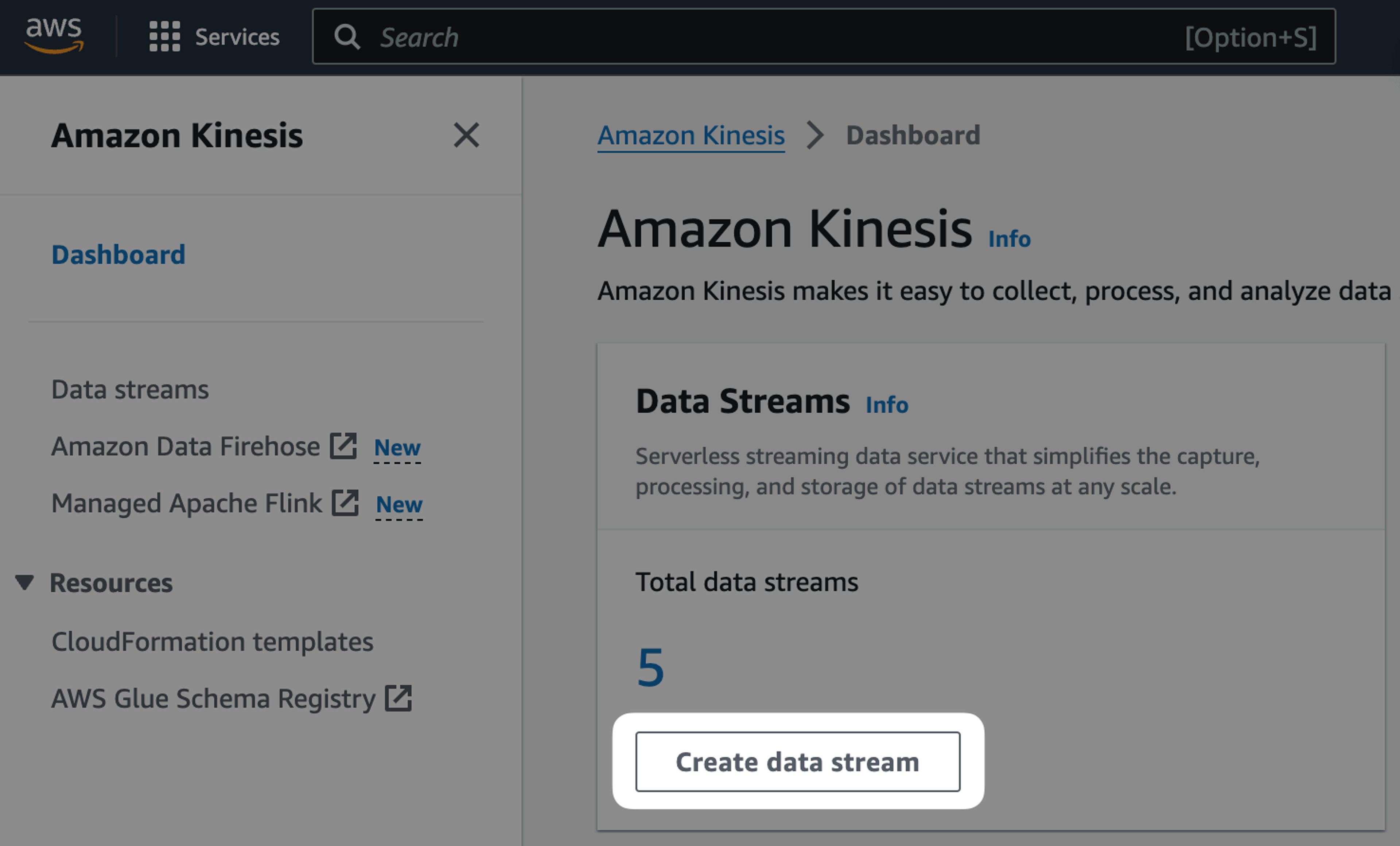 A screenshot of the Amazon Kinesis dashboard with the "Create data stream" button highlighted