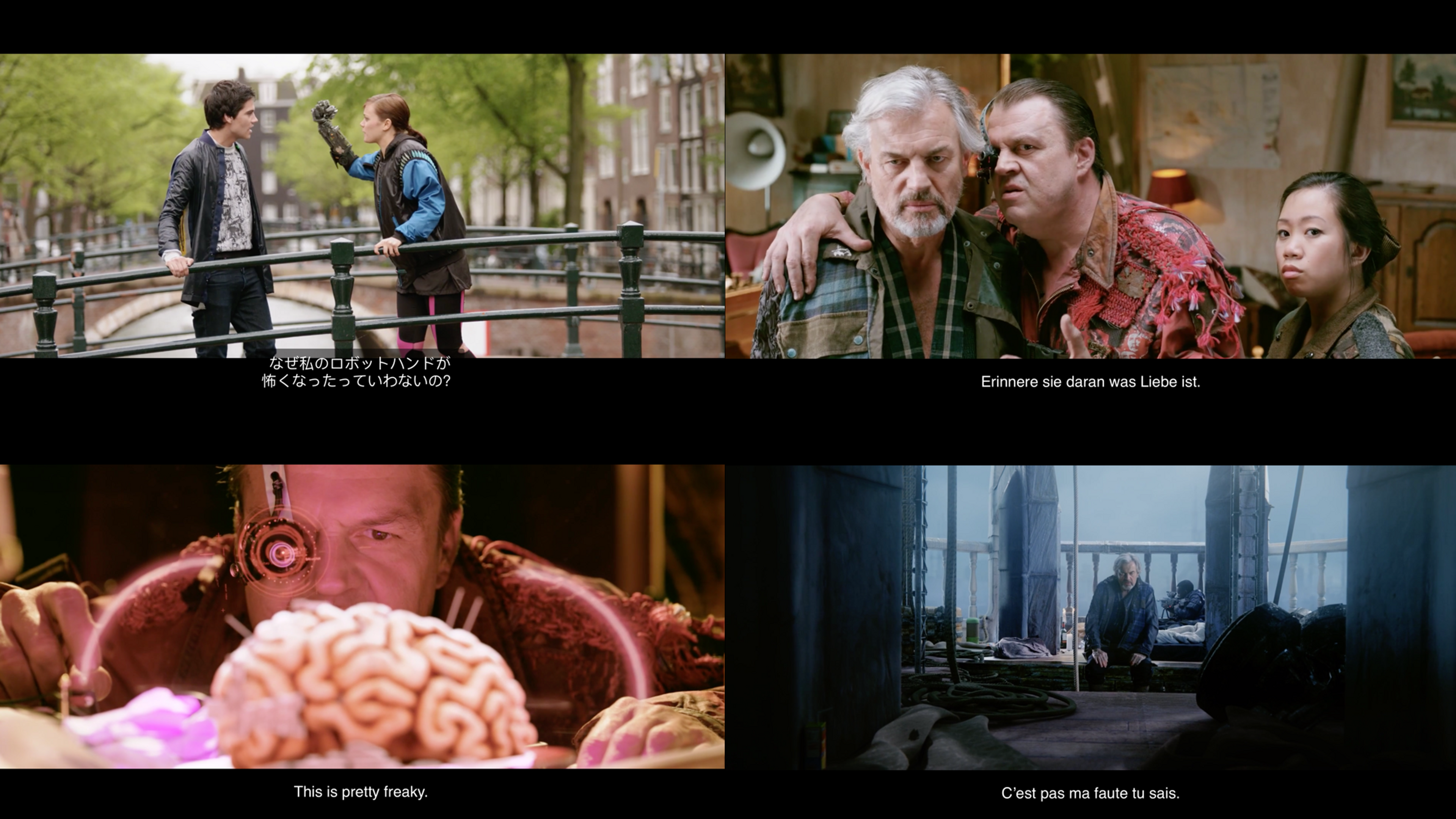 A selection of video frames from "Tears of Steel" showing subtitles in a variety of languages.