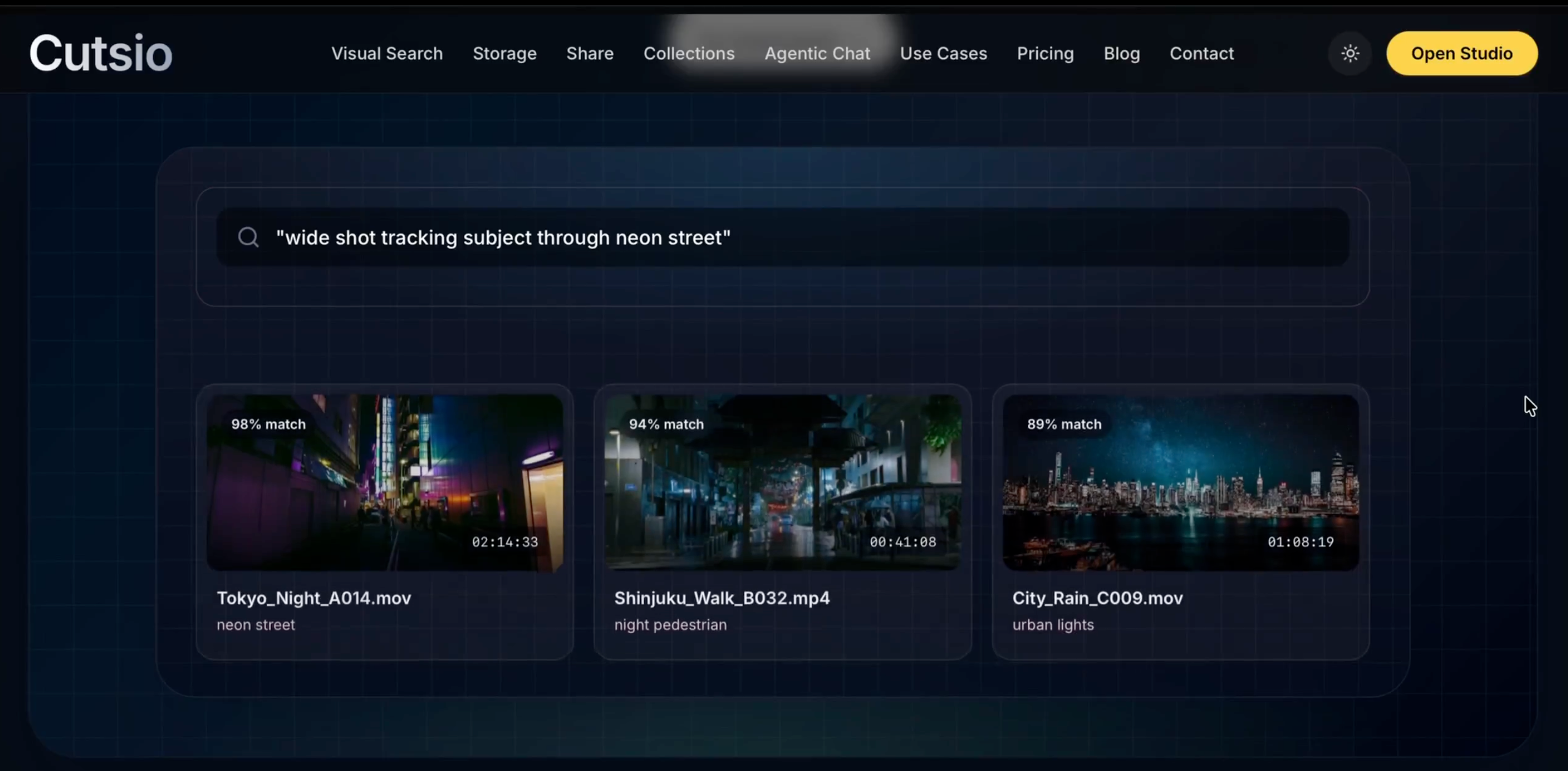 Search bar in Cutsio reads "wide shot tracking subject through neon street"