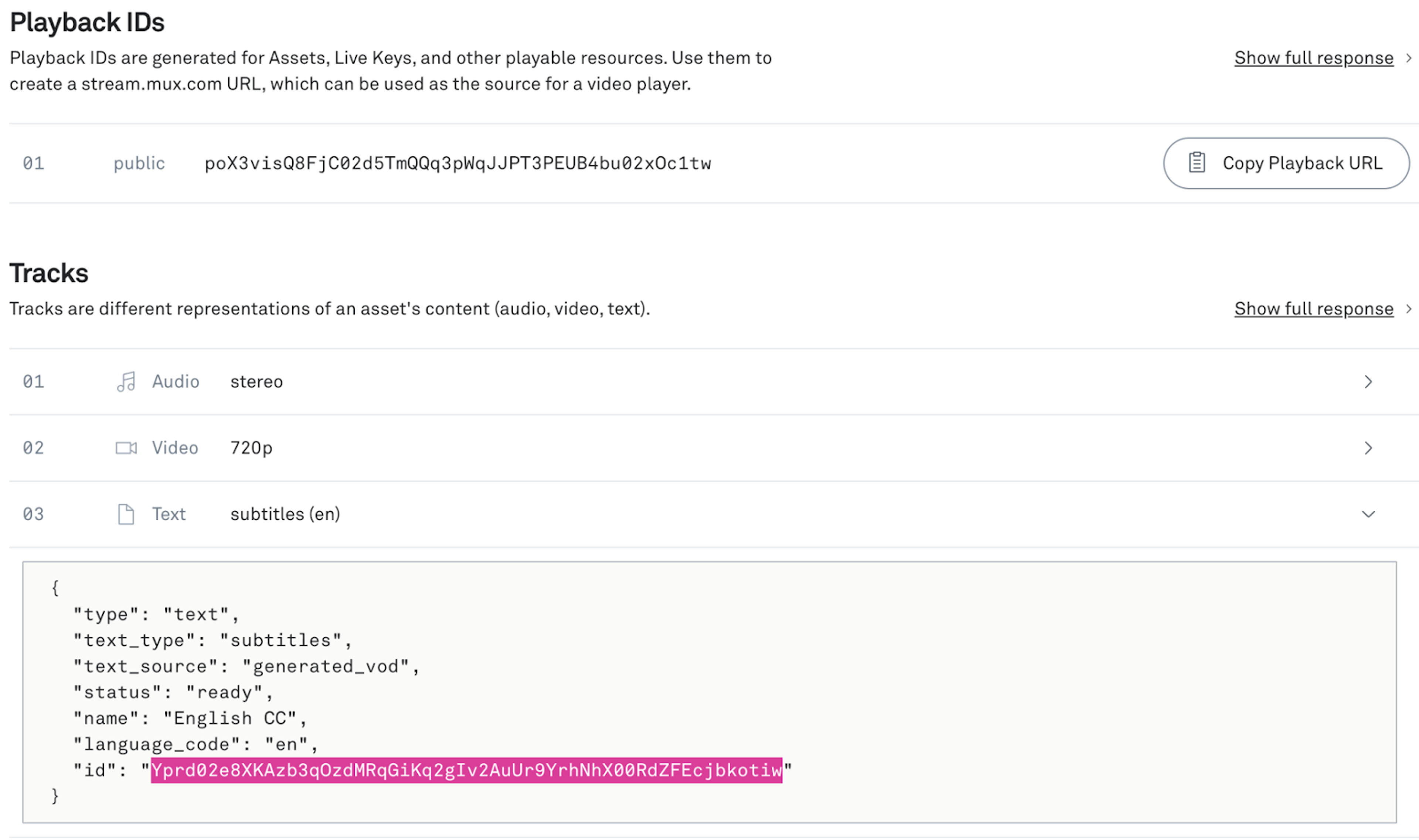 Screenshot of where you can find Playback IDs and Track information in the Mux dashboard